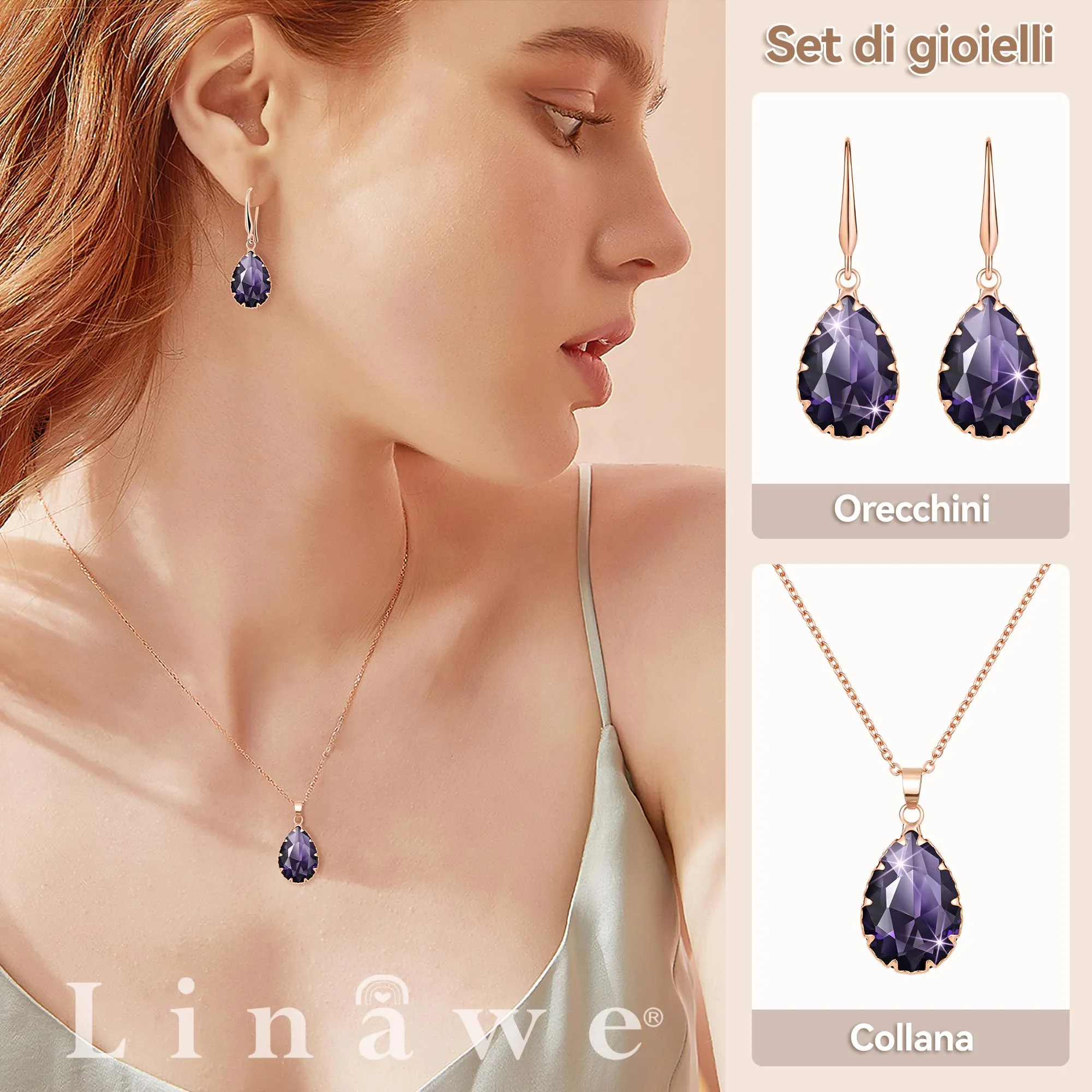 Linawe Set di Gioielli in Ametista con Collana e Orecchini Pendenti, Oro Rosa - immagine 2