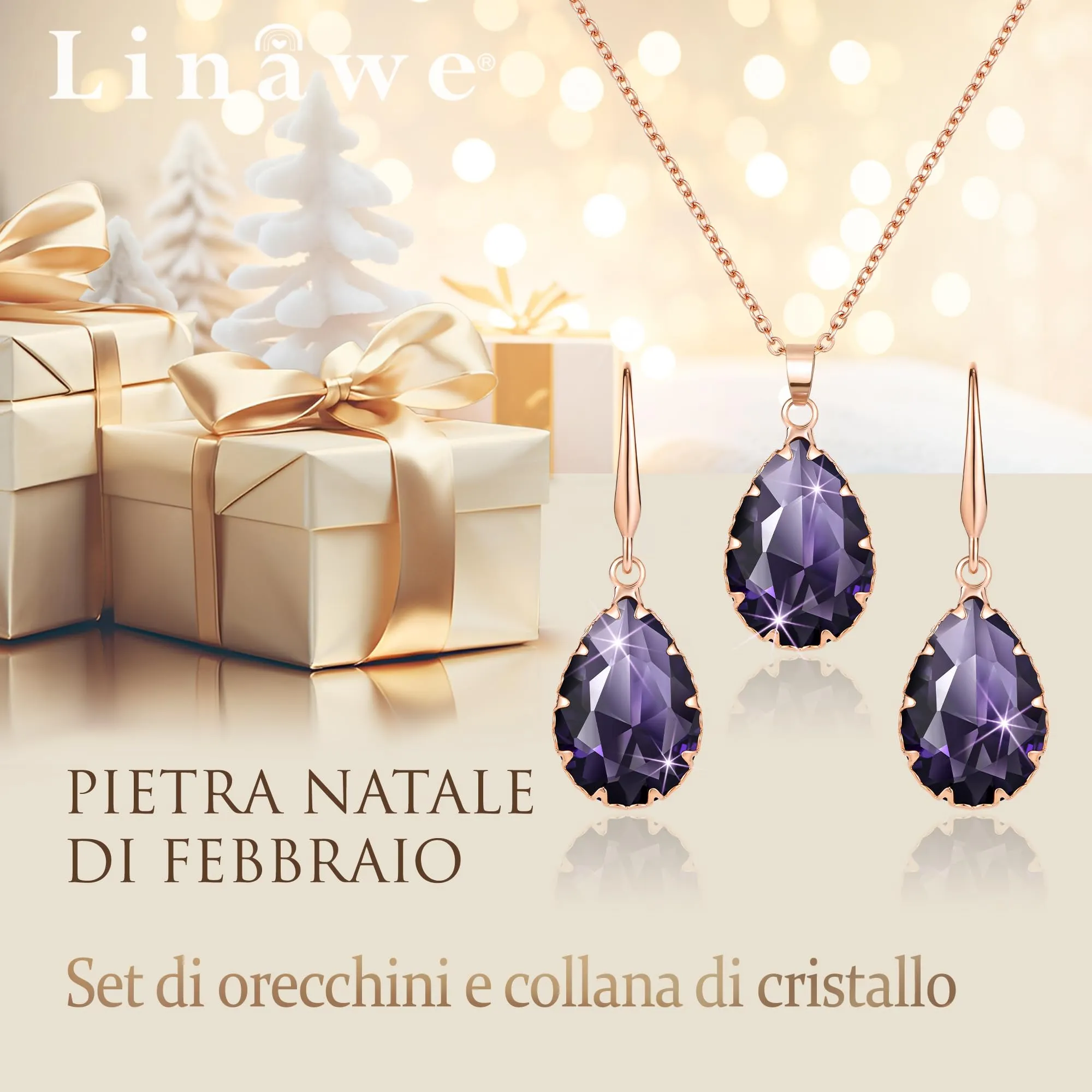 Linawe Set di Gioielli in Ametista con Collana e Orecchini Pendenti, Oro Rosa - immagine 5