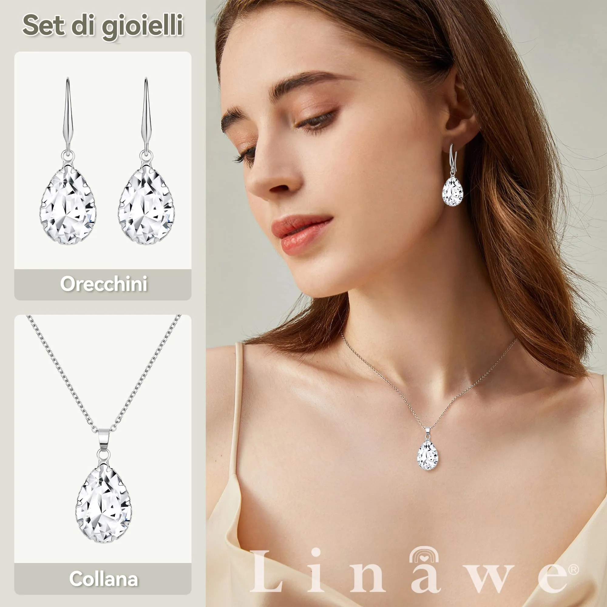 Linawe Set di Gioielli con Collana e Orecchini Pendenti in Argento e Cristallo - immagine 2