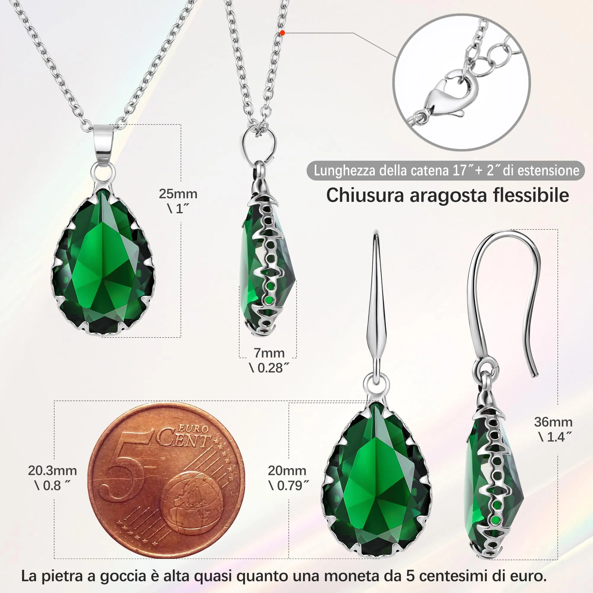 Linawe Set di gioielli con ciondolo in smeraldo e orecchini pendenti in argento - immagine 4