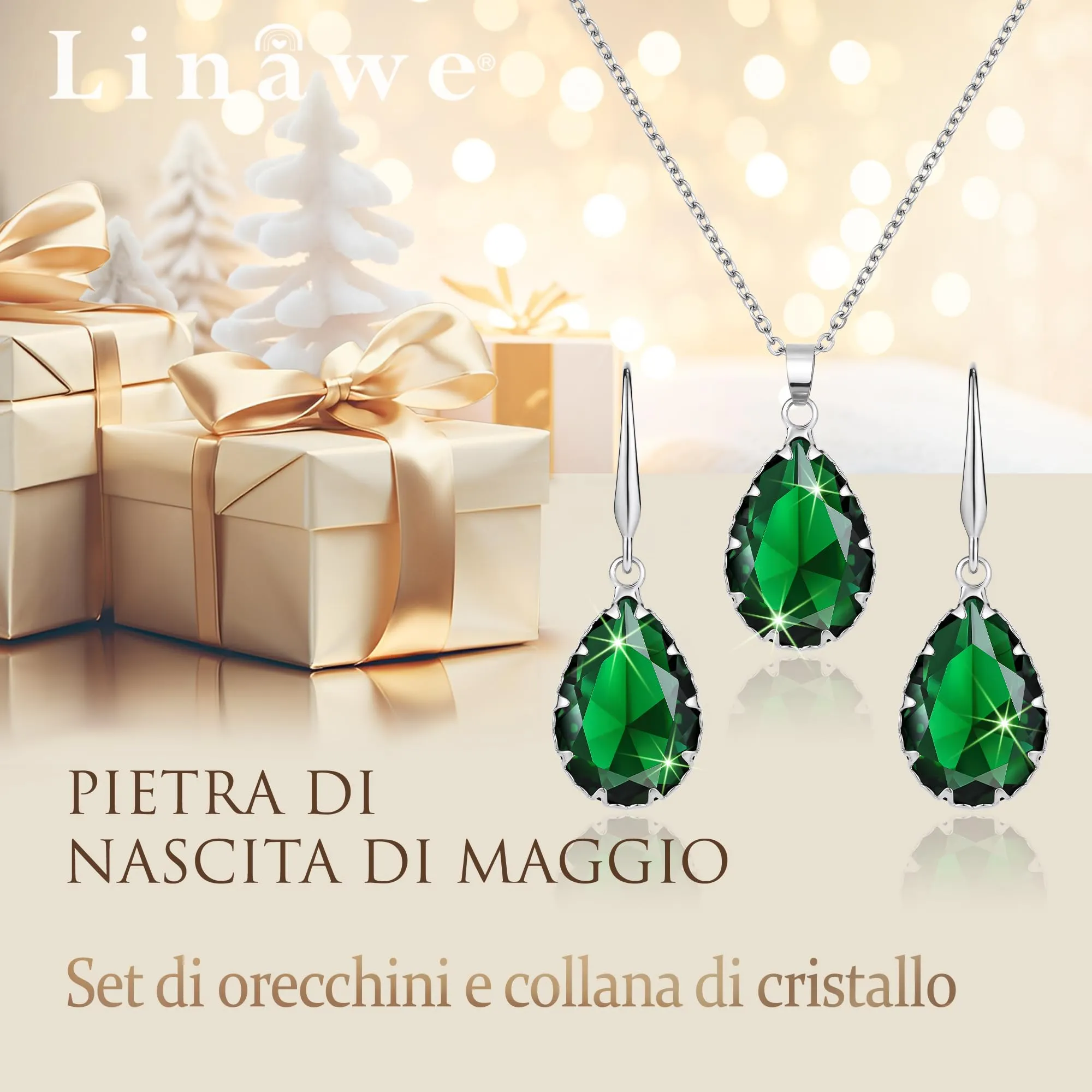Linawe Set di gioielli con ciondolo in smeraldo e orecchini pendenti in argento - immagine 5