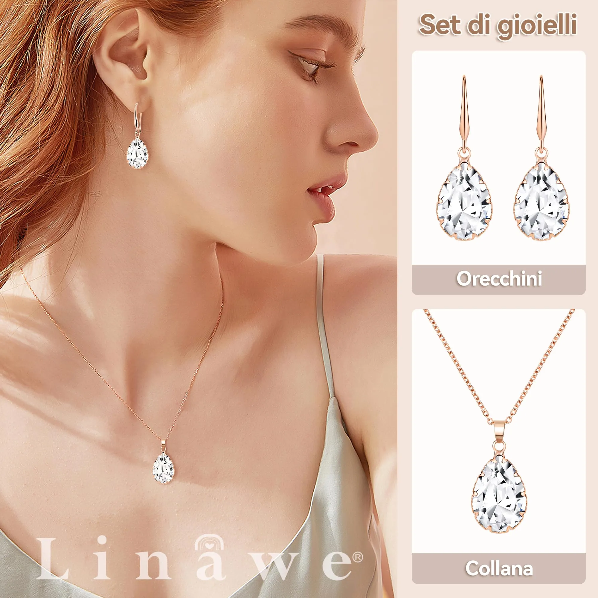 Linawe Set di gioielli in oro rosa per donna con collana, ciondolo e orecchini - immagine 2