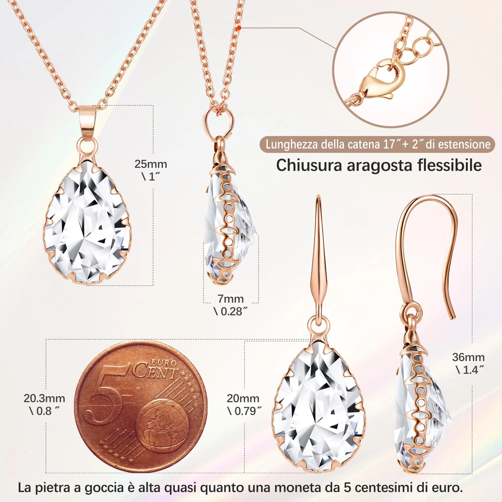 Linawe Set di gioielli in oro rosa per donna con collana, ciondolo e orecchini - immagine 4