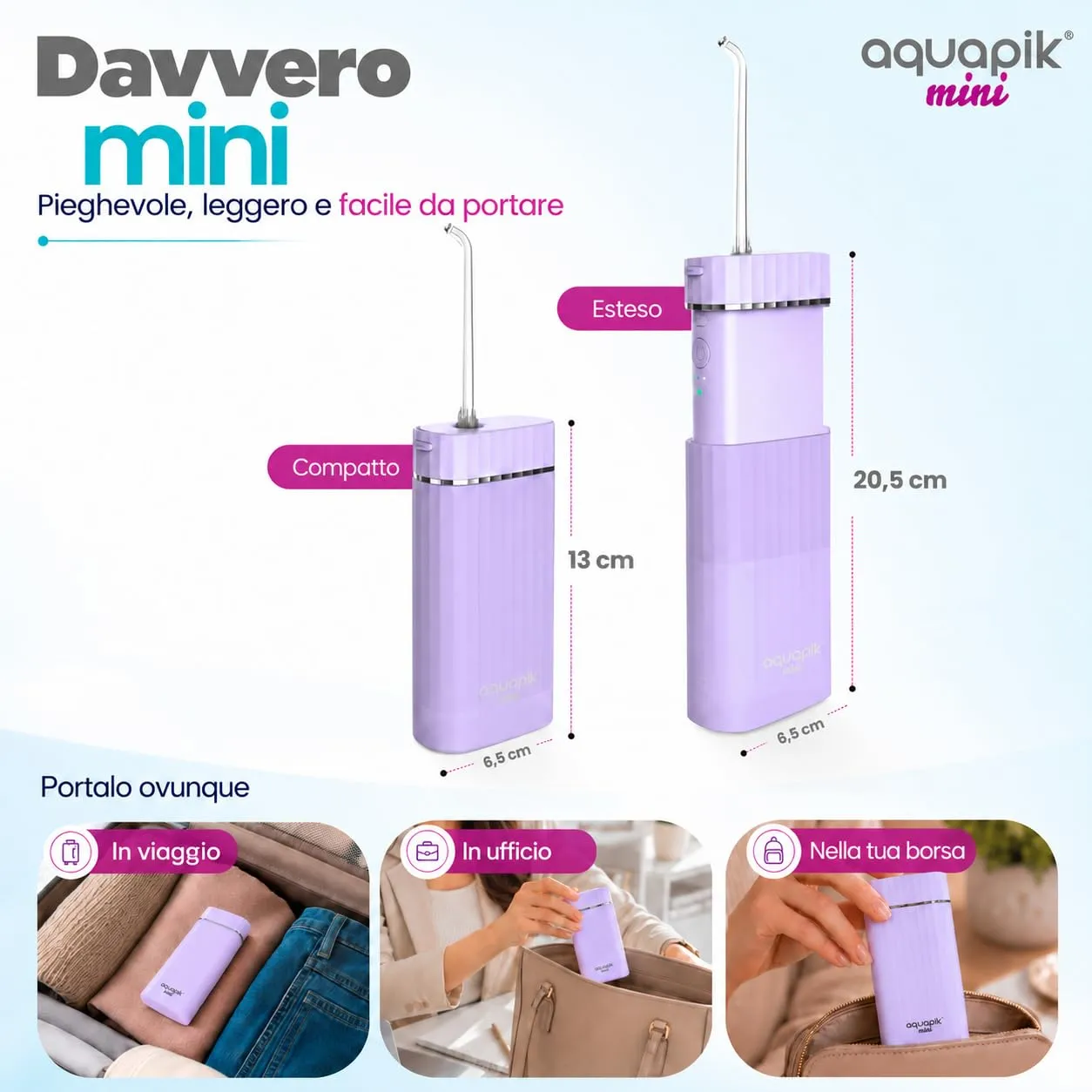 Boston Tech Aquapik Mini Idropulsore Dentale Portatile, Serbatoio Telescopico 200 ml, USB-C, 3 Modalità, IPX8 - immagine 3