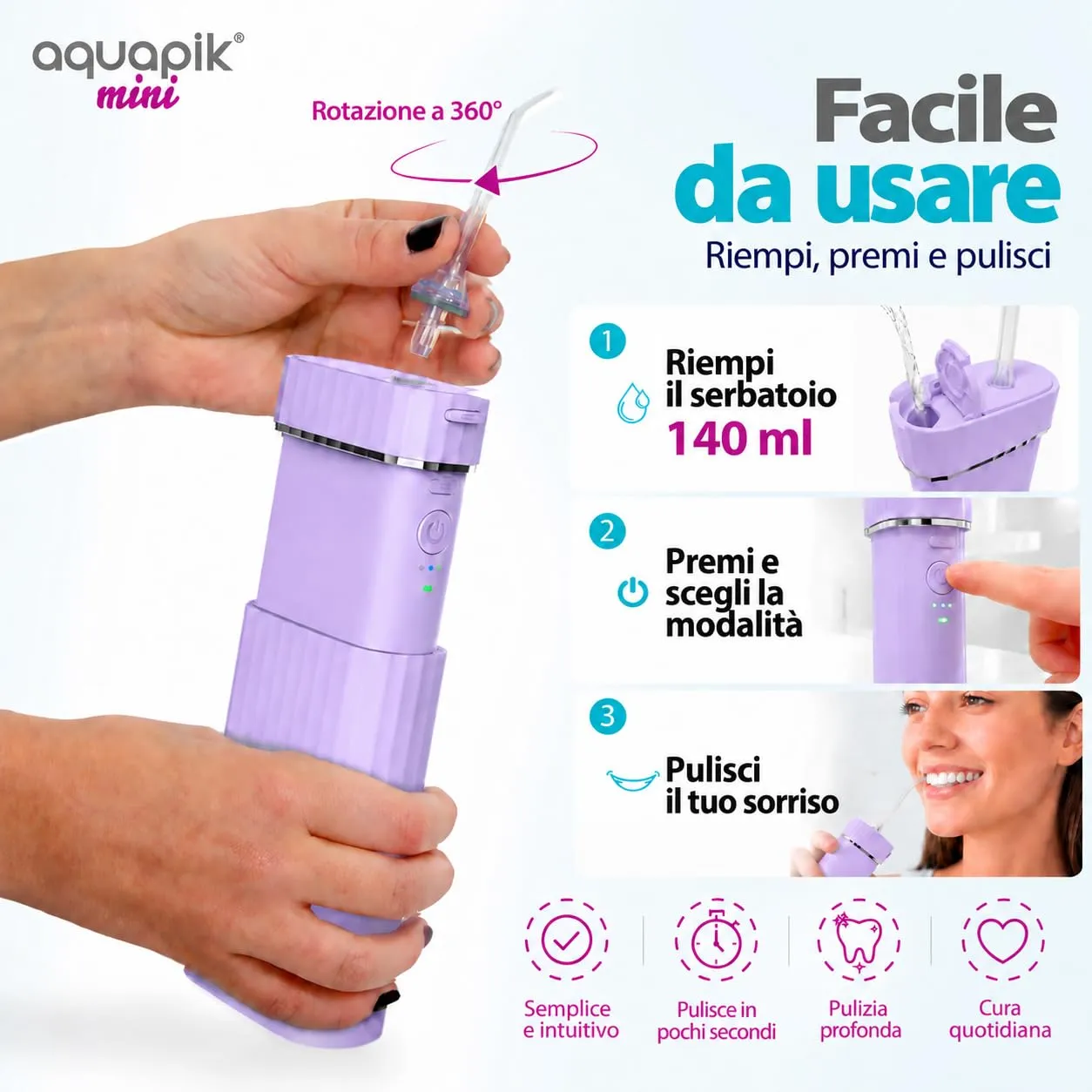 Boston Tech Aquapik Mini Idropulsore Dentale Portatile, Serbatoio Telescopico 200 ml, USB-C, 3 Modalità, IPX8 - immagine 4