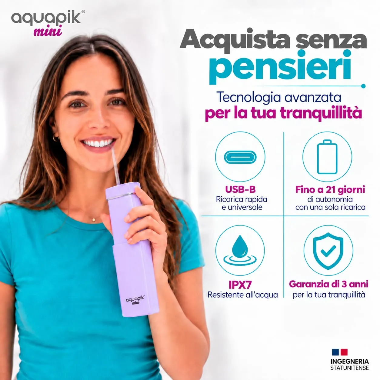 Boston Tech Aquapik Mini Idropulsore Dentale Portatile, Serbatoio Telescopico 200 ml, USB-C, 3 Modalità, IPX8 - immagine 7
