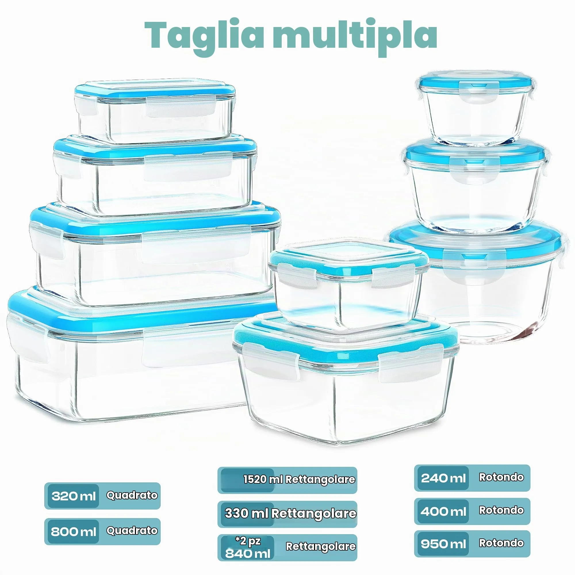 KICHLY Set di contenitori in vetro per alimenti, 18 pezzi (9 contenitori e 9 coperchi), Senza BPA - immagine 3