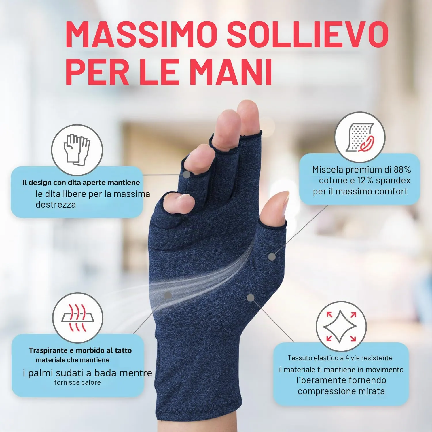 Dr. Arthritis Guanti a Compressione senza Dita per Artrosi, Tunnel Carpale e Sindrome di Raynauds, 4 Paia, Grigio e Blu, Taglia S - immagine 3