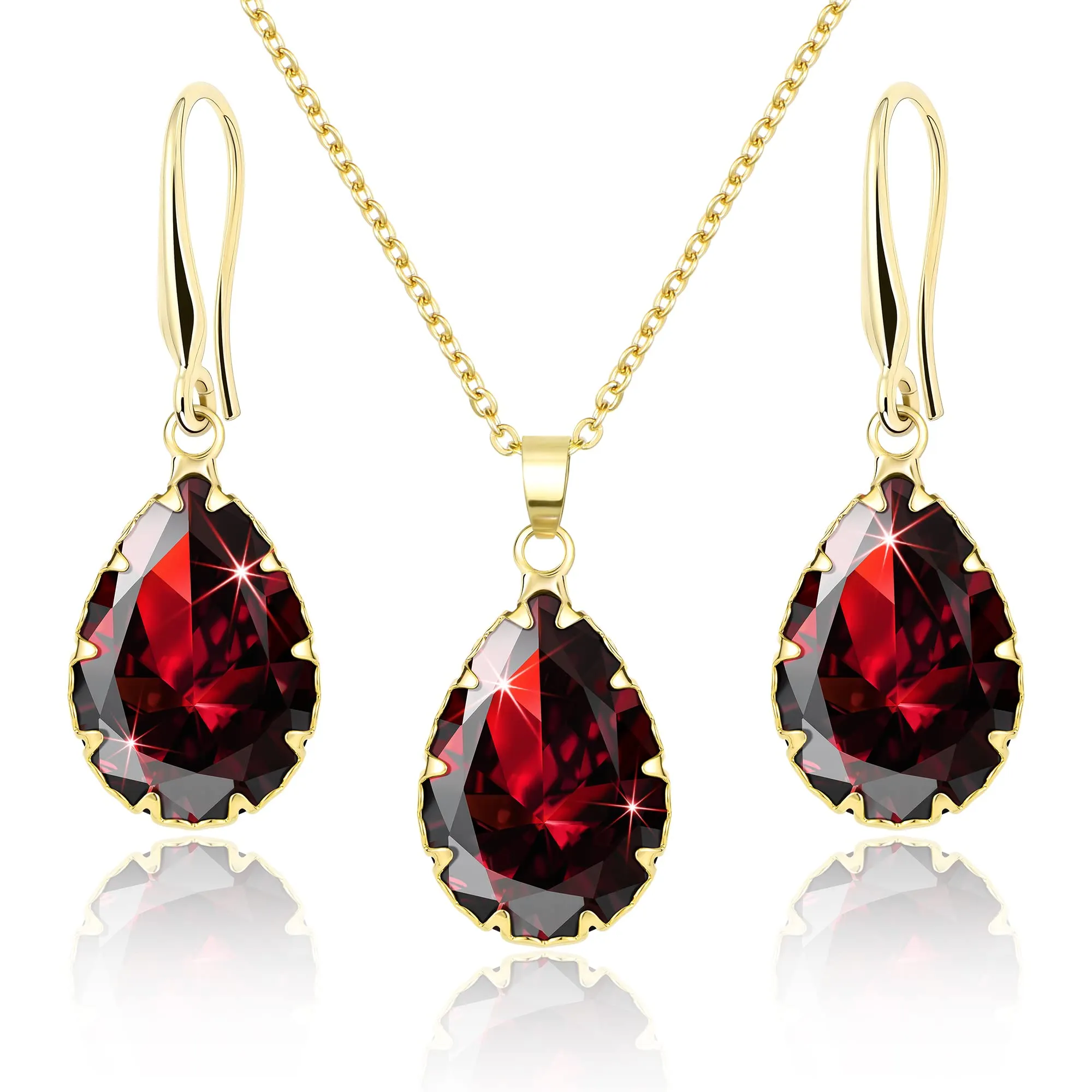 Linawe Set di gioielli in oro con collana a catena e orecchini pendenti, ciondolo con rubino rosso - immagine 1
