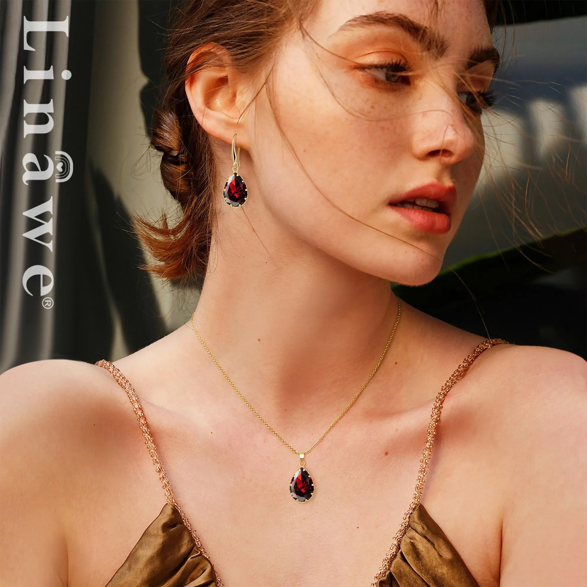 Linawe Set di gioielli in oro con collana a catena e orecchini pendenti, ciondolo con rubino rosso - immagine 3