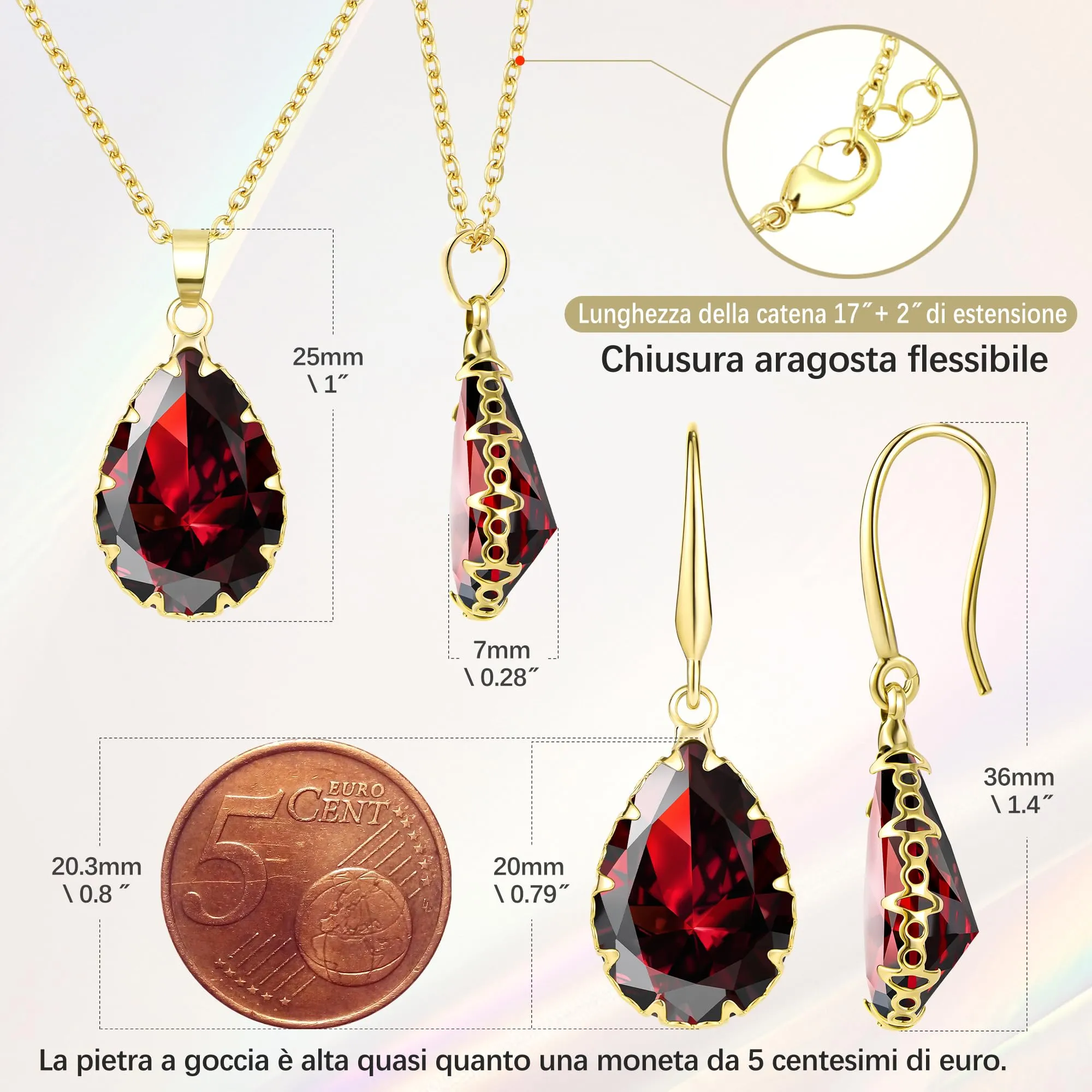 Linawe Set di gioielli in oro con collana a catena e orecchini pendenti, ciondolo con rubino rosso - immagine 4