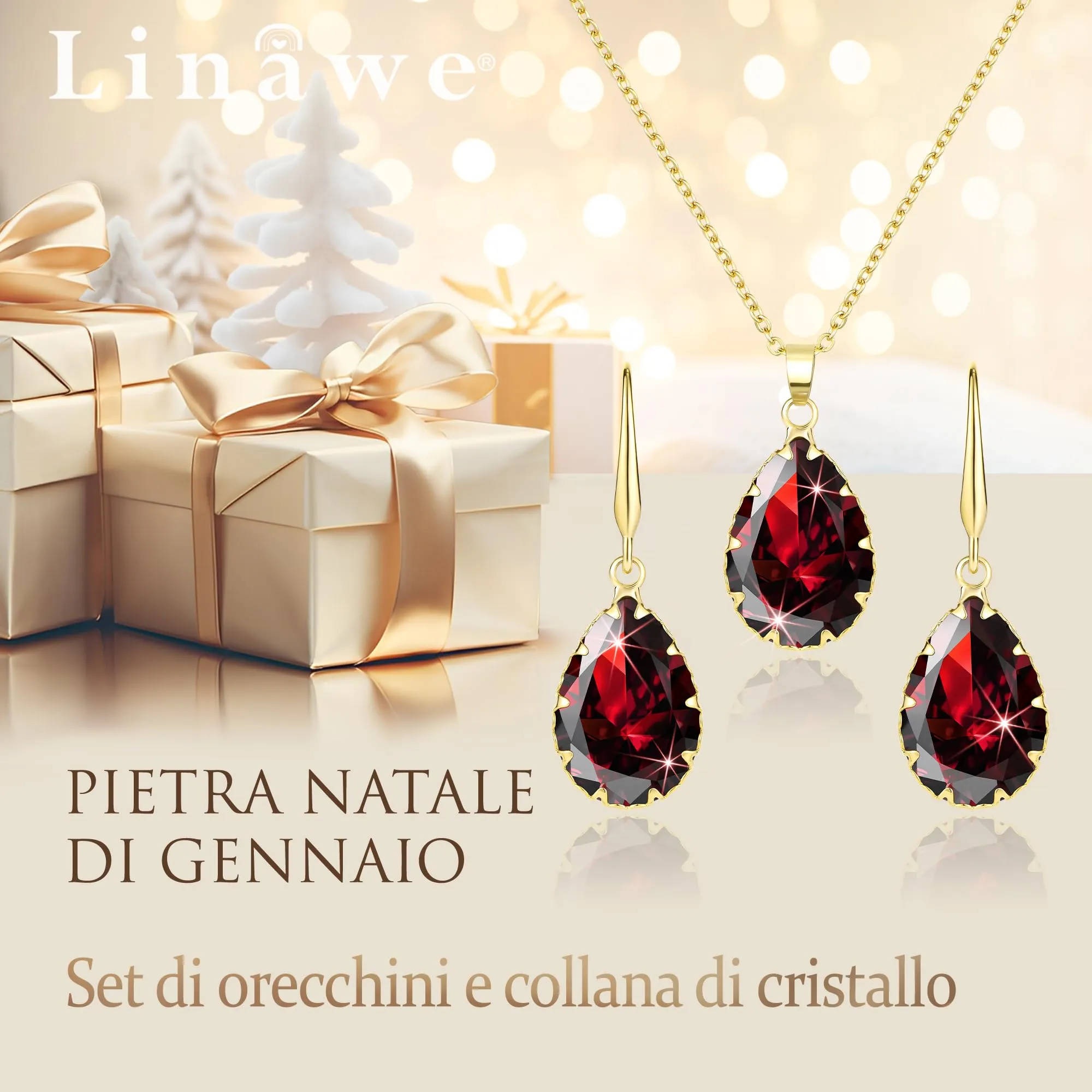 Linawe Set di gioielli in oro con collana a catena e orecchini pendenti, ciondolo con rubino rosso - immagine 5