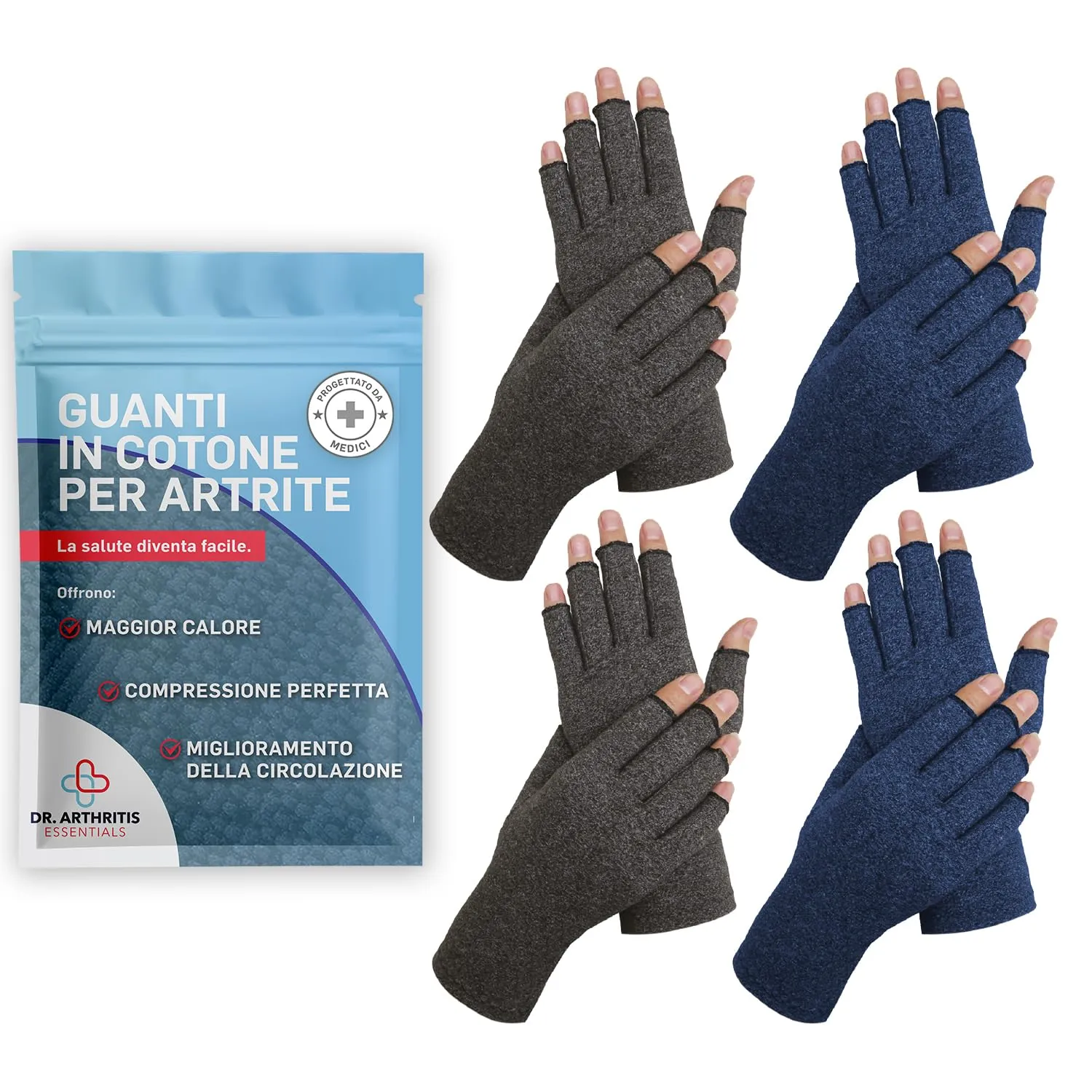 Dr. Arthritis Guanti a Compressione senza Dita per Artrosi, Tunnel Carpale e Sindrome di Raynauds, 4 Paia, Grigio e Blu, Taglia L - immagine 1
