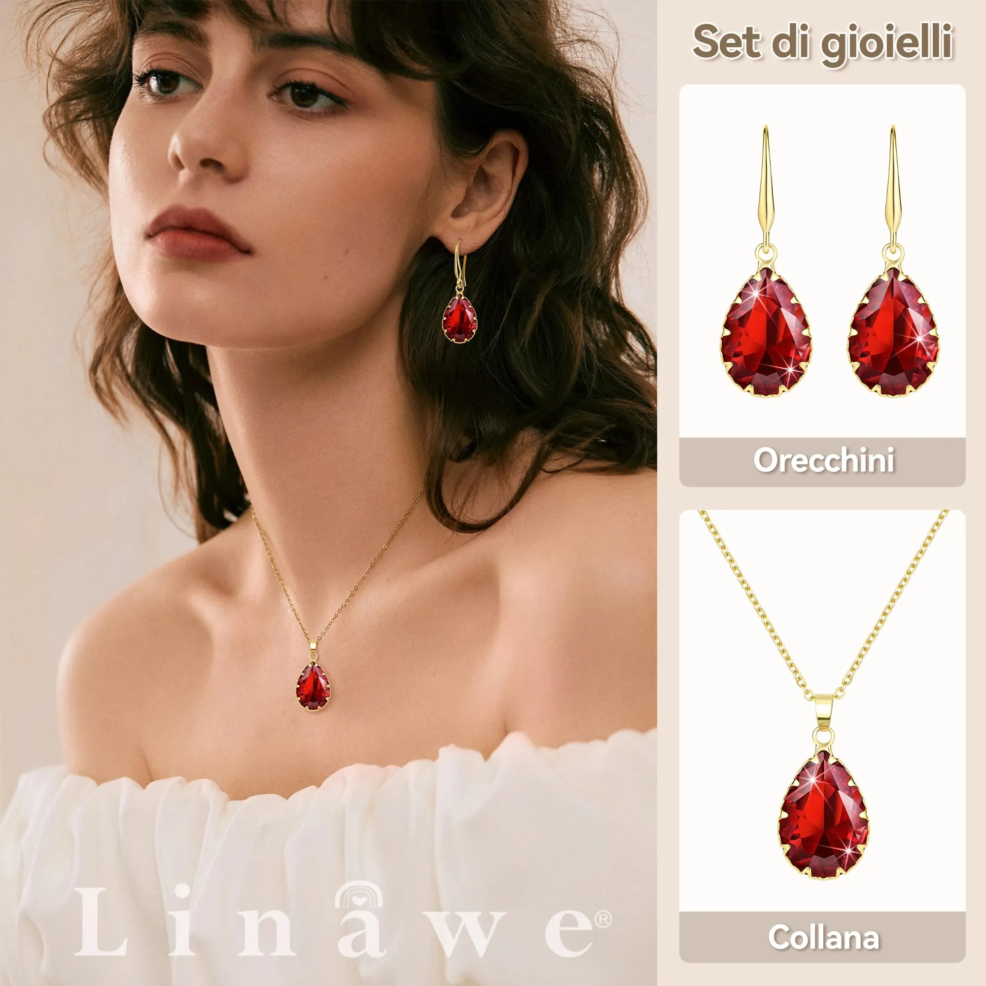 Linawe Set di gioielli con collana e orecchini in oro e rubino - immagine 2