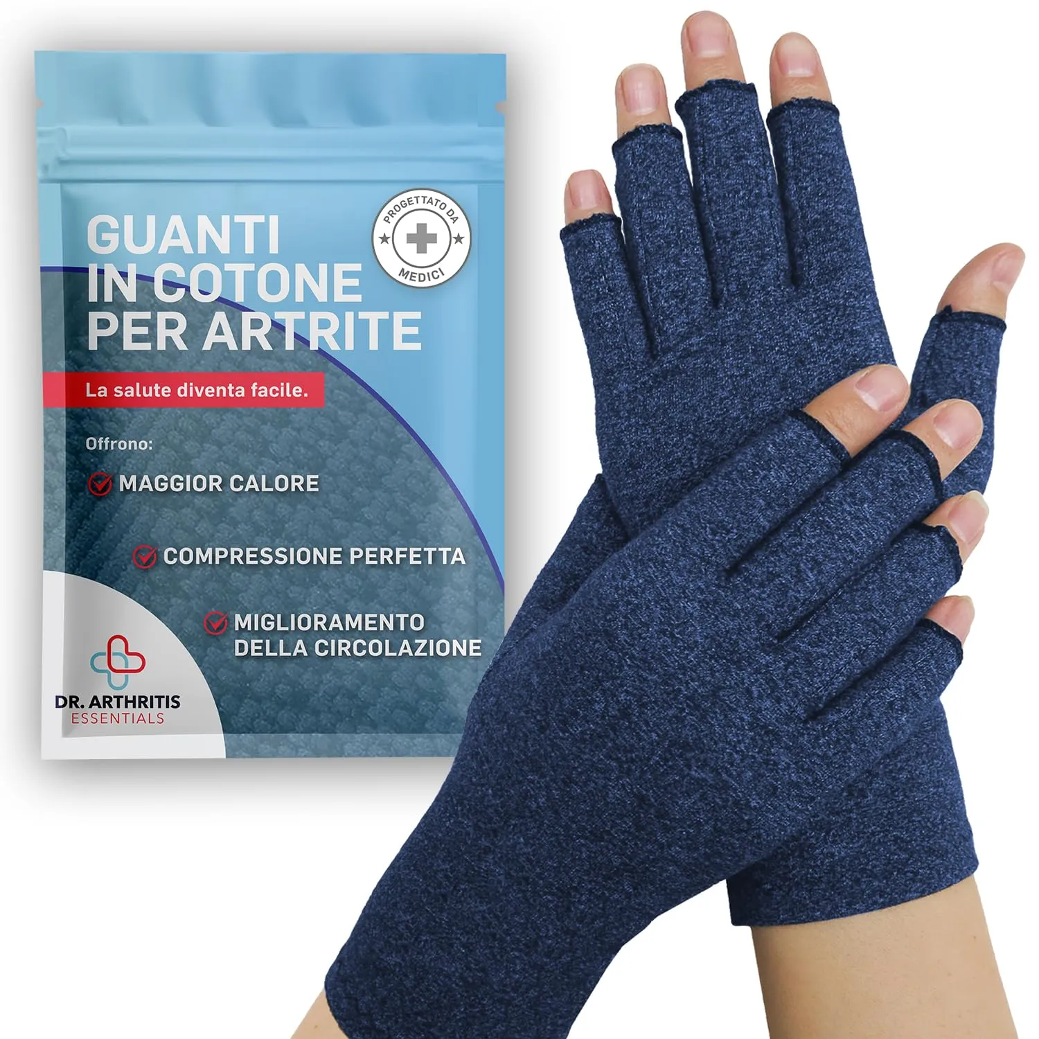 Dr. Arthritis Guanti a Compressione senza Dita per Artrosi, Tunnel Carpale e Sindrome di Raynaud, Blu, Taglia M - immagine 1