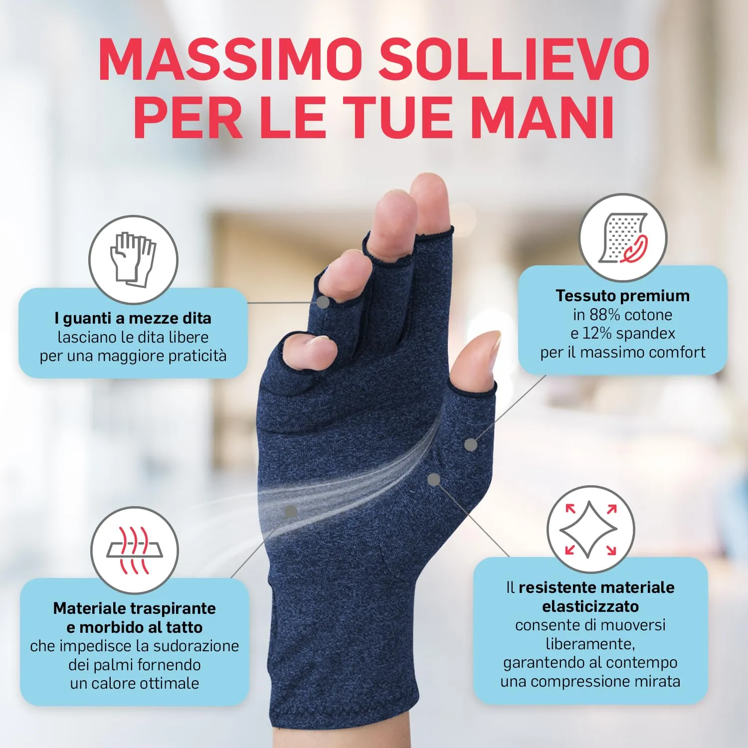 Dr. Arthritis Guanti a Compressione senza Dita per Artrosi, Tunnel Carpale e Sindrome di Raynaud, Blu, Taglia M - immagine 3