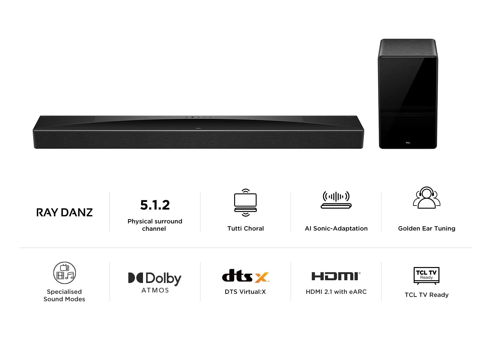 TCL Q75H 5.1.2 Channel Soundbar with Wireless Subwoofer, 620W, Dolby Atmos, DTS:X, HDMI eARC, Bluetooth 5.1 - immagine 2
