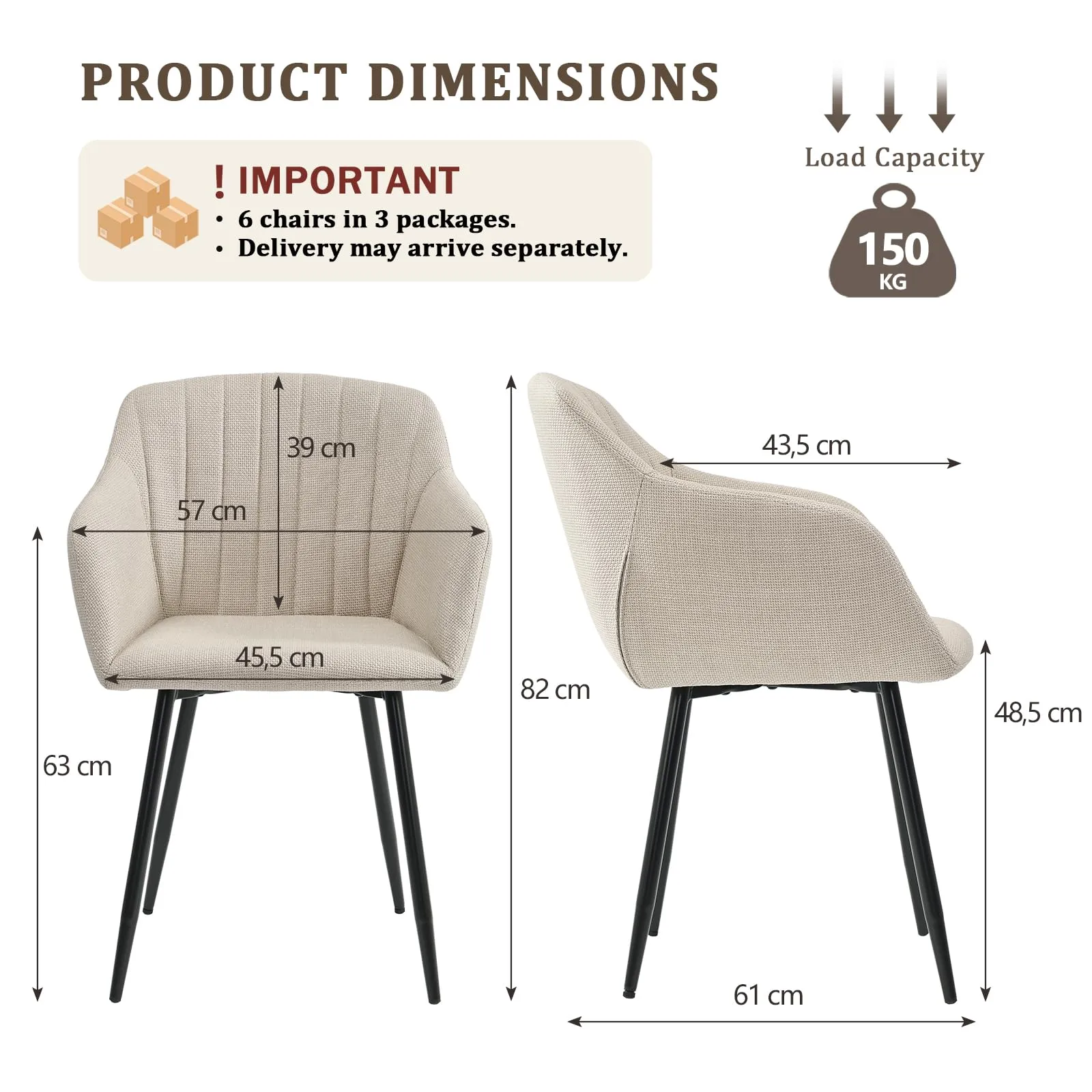 Goeurvant Set di 6 Sedie da Pranzo Beige con Braccioli, Poltroncina Imbottita in Lino con Gambe in Metallo - immagine 2