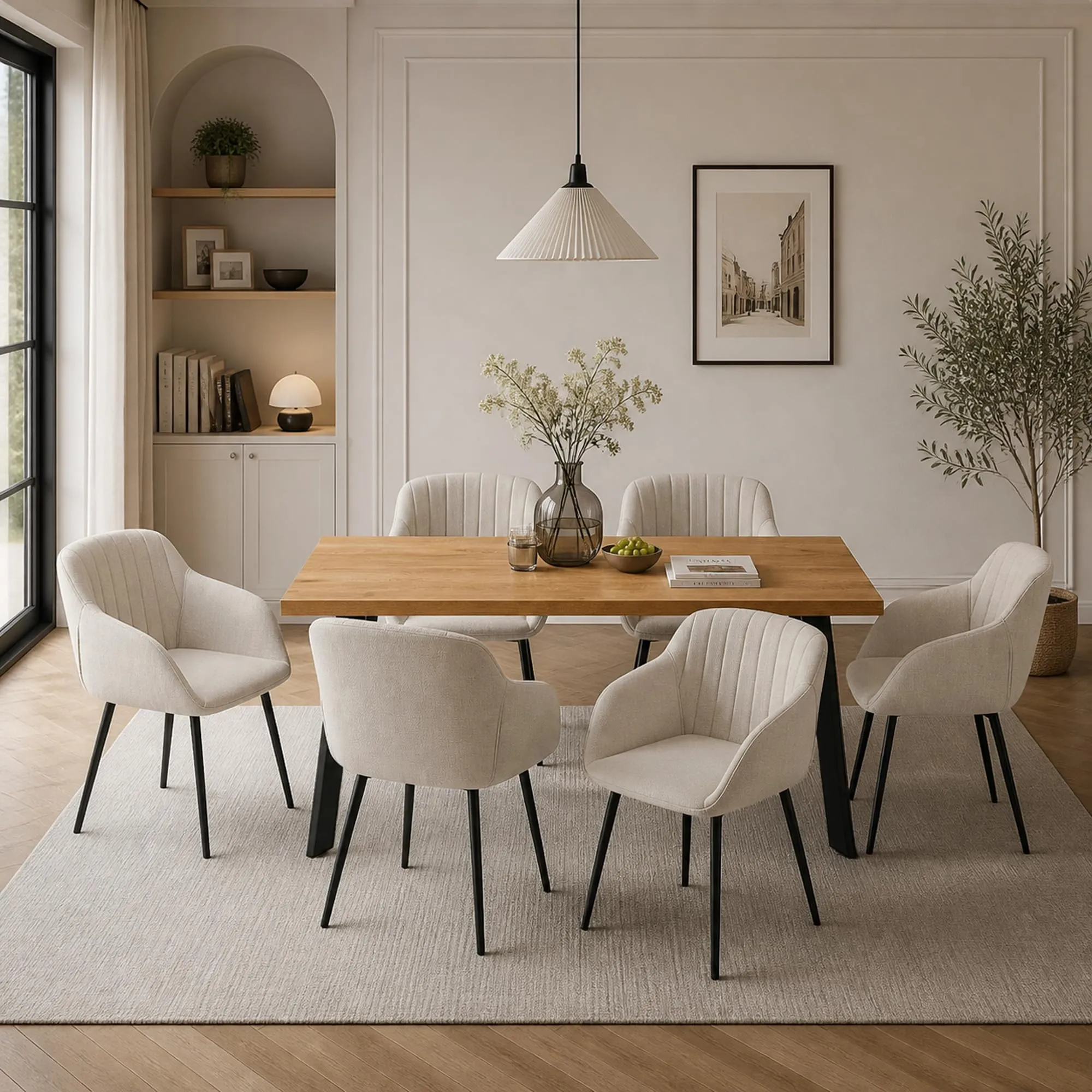 Goeurvant Set di 6 Sedie da Pranzo Beige con Braccioli, Poltroncina Imbottita in Lino con Gambe in Metallo - immagine 5
