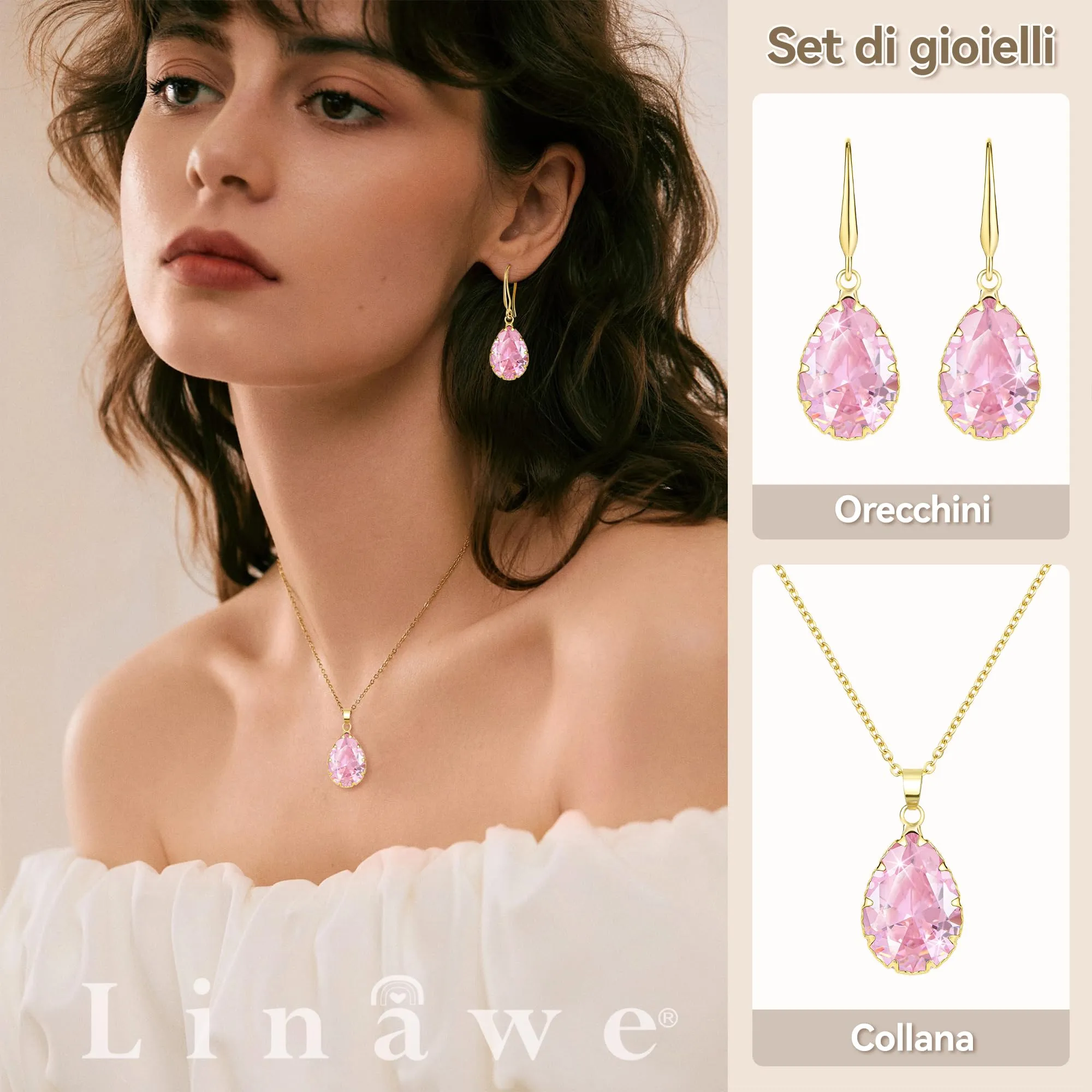 Linawe Set di gioielli rosa con collana e orecchini placcati in oro - immagine 2