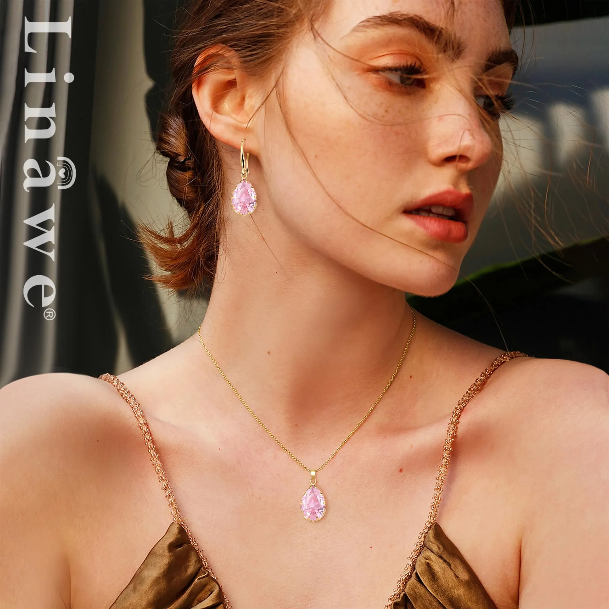 Linawe Set di gioielli rosa con collana e orecchini placcati in oro - immagine 3