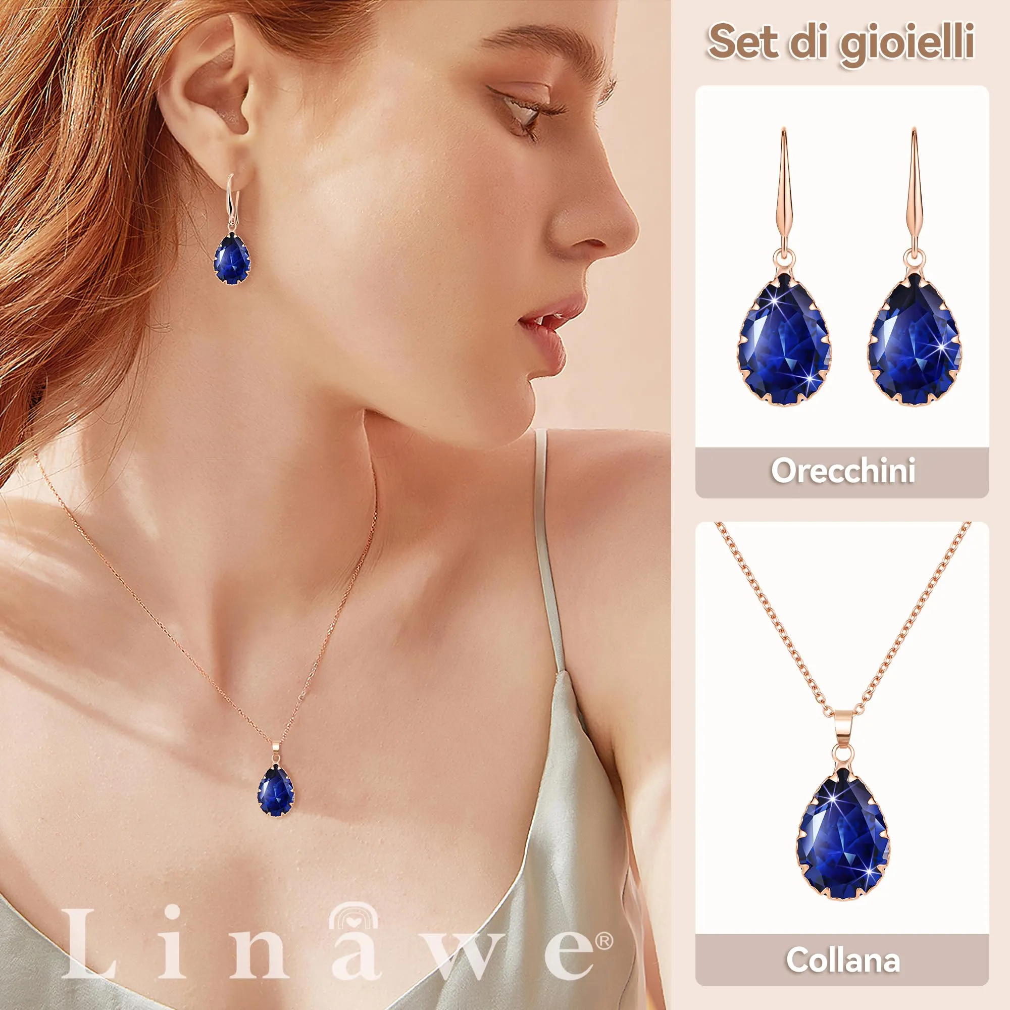 Linawe Set di gioielli in zaffiro con collana e orecchini, oro rosa - immagine 2