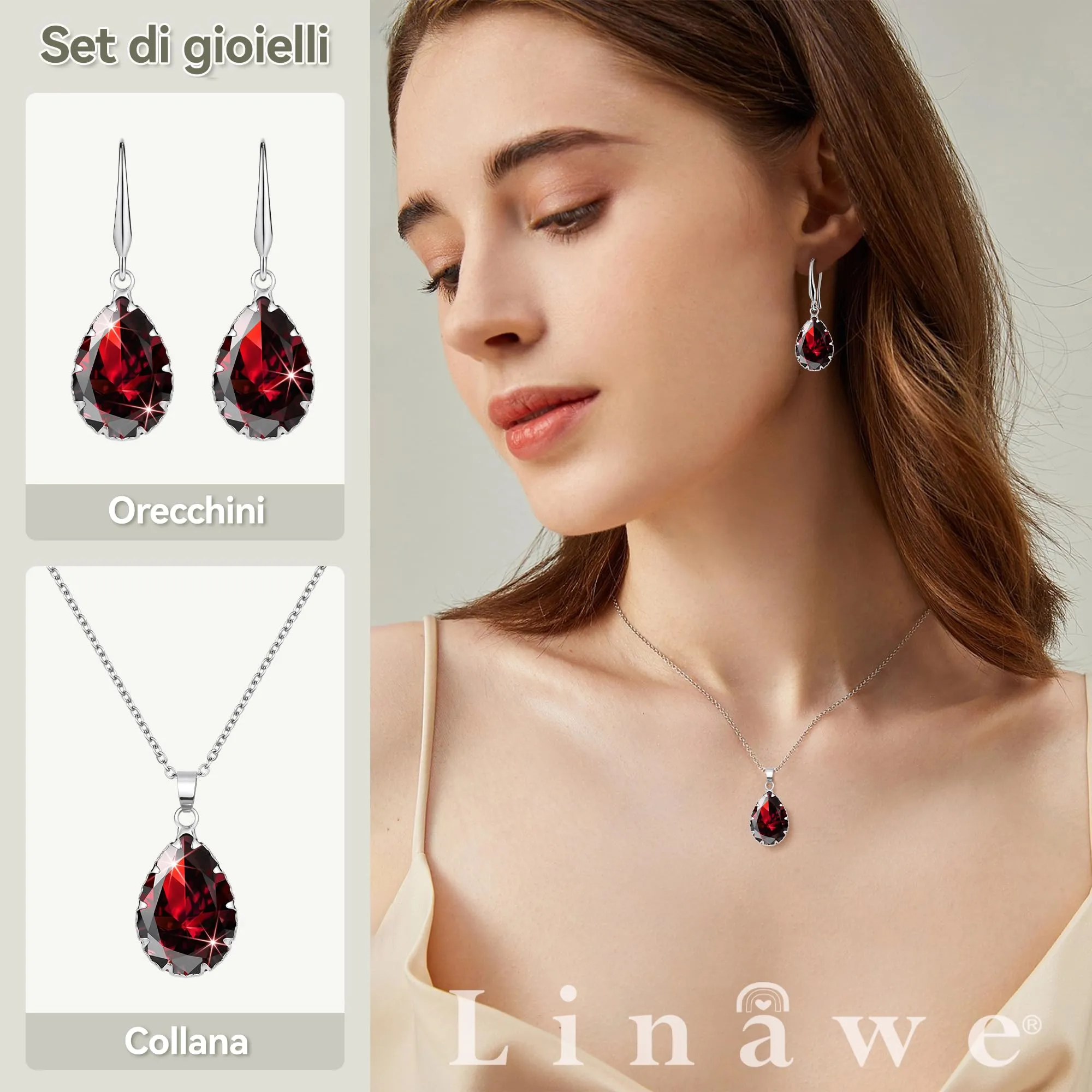 Linawe Set di Gioielli con Rubino, Collana e Orecchini in Argento e Acciaio Inossidabile - immagine 2