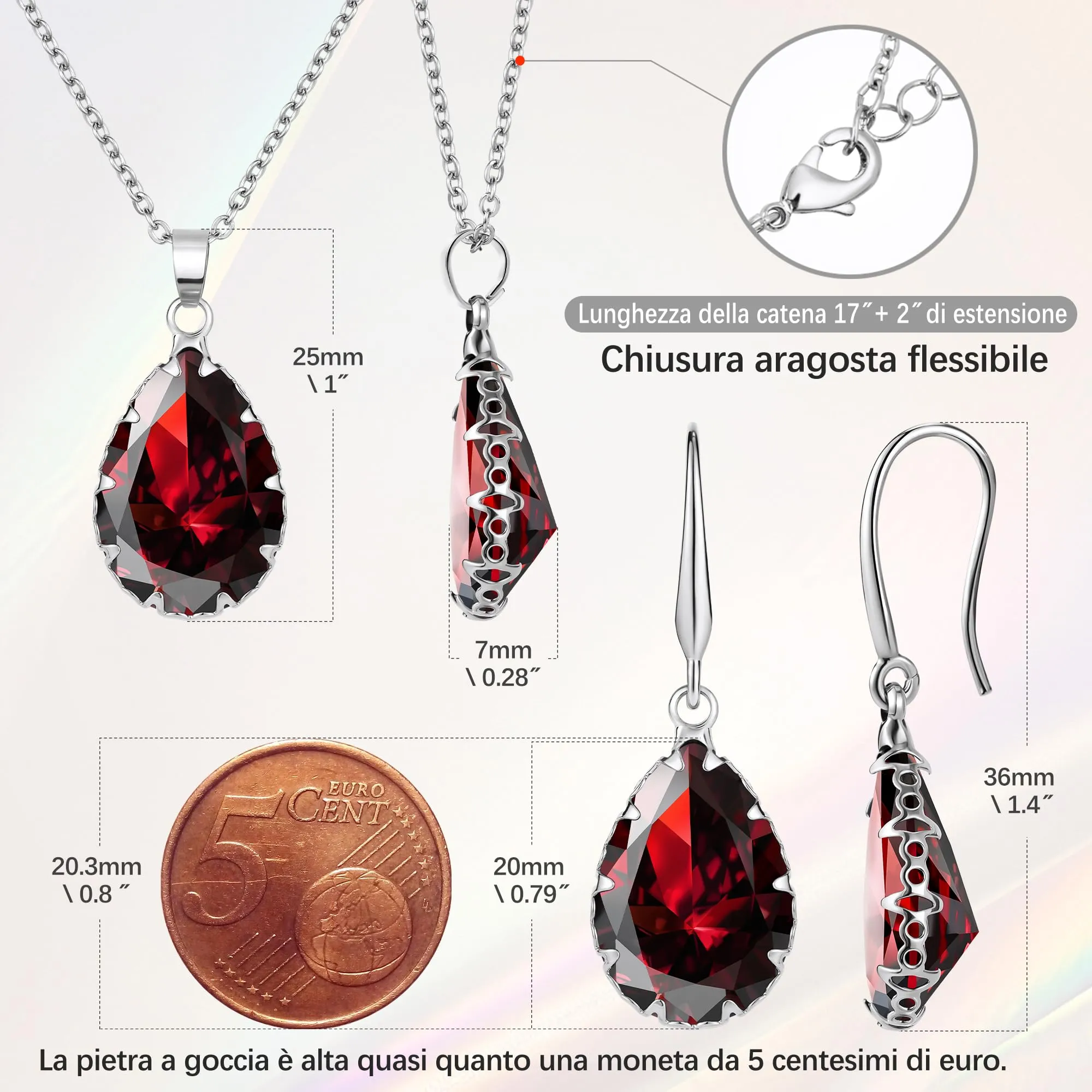 Linawe Set di Gioielli con Rubino, Collana e Orecchini in Argento e Acciaio Inossidabile - immagine 4