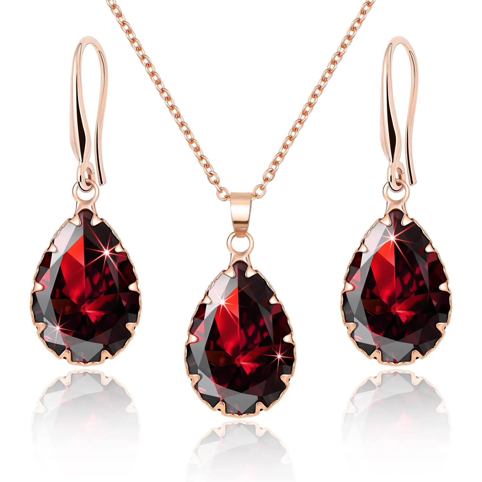 Linawe Set di gioielli con rubino rosso, collana e orecchini pendenti in oro rosa - immagine 1
