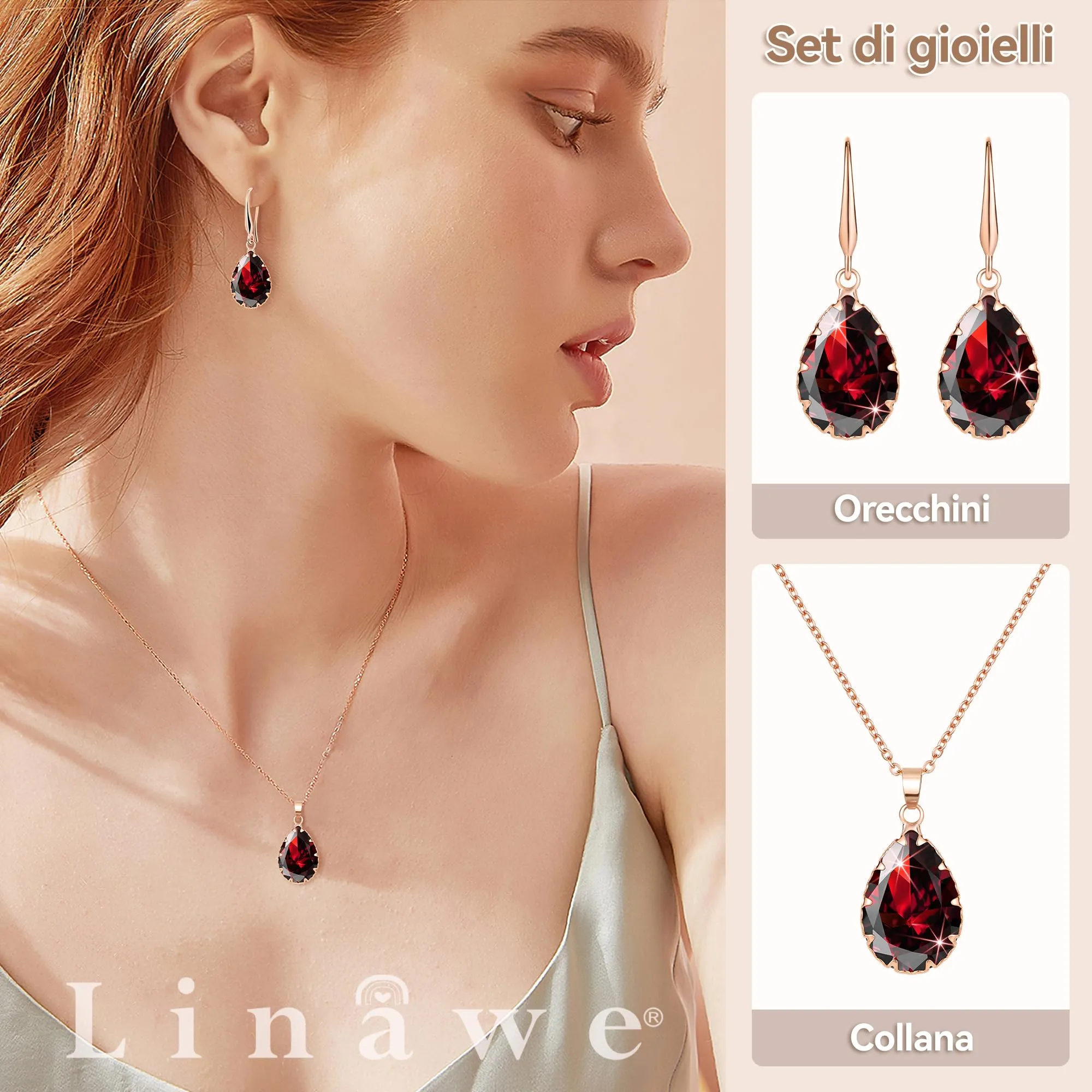 Linawe Set di gioielli con rubino rosso, collana e orecchini pendenti in oro rosa - immagine 2