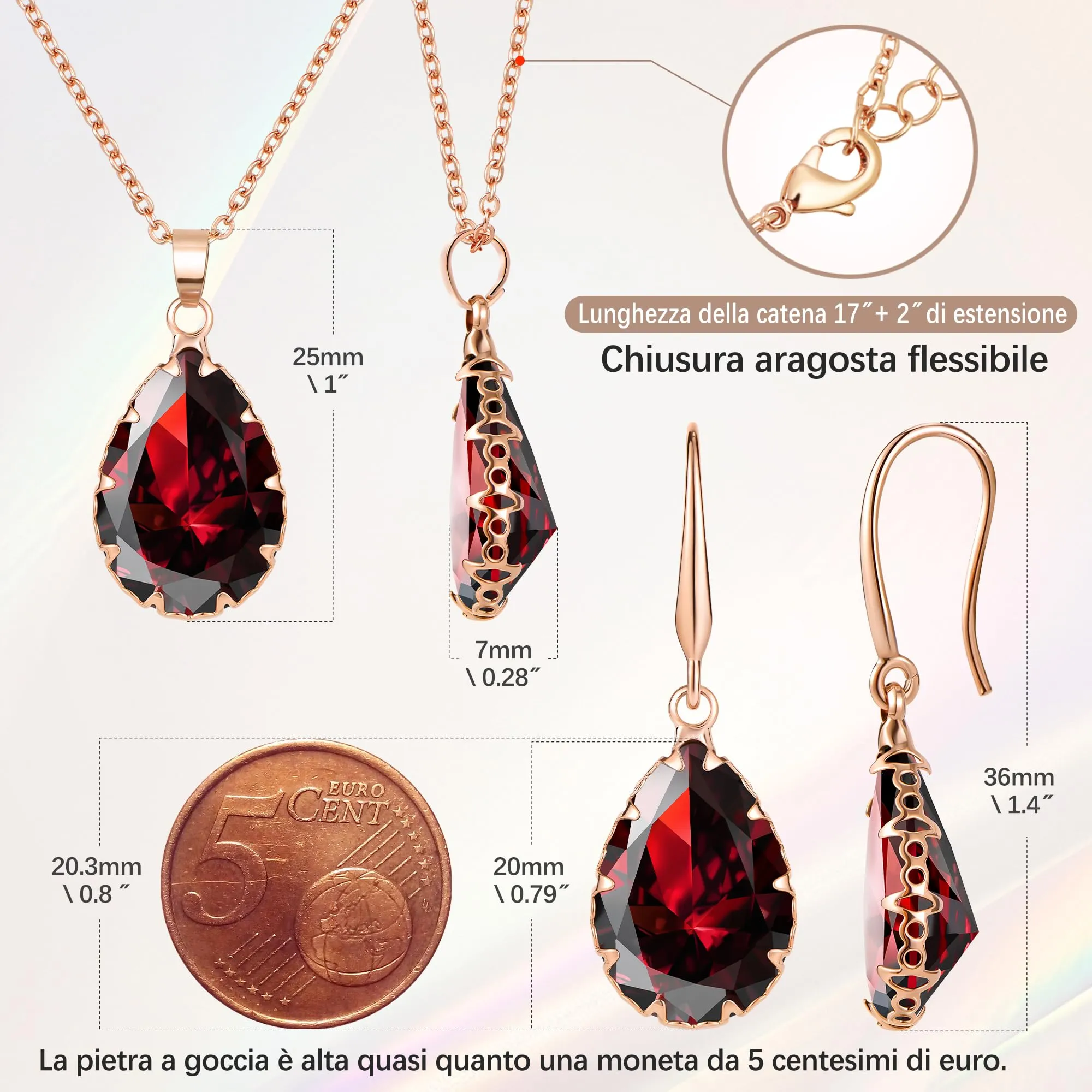 Linawe Set di gioielli con rubino rosso, collana e orecchini pendenti in oro rosa - immagine 4