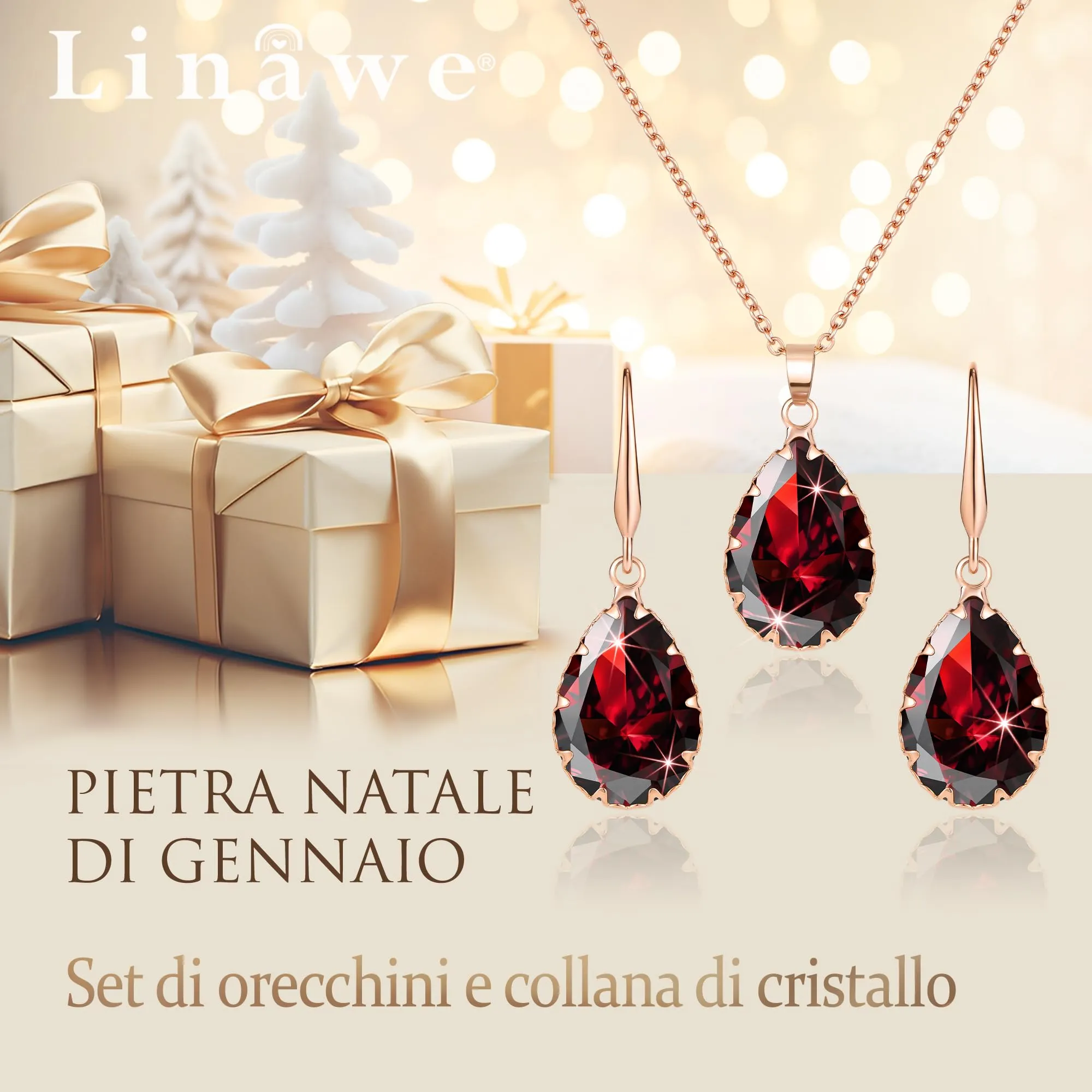 Linawe Set di gioielli con rubino rosso, collana e orecchini pendenti in oro rosa - immagine 5