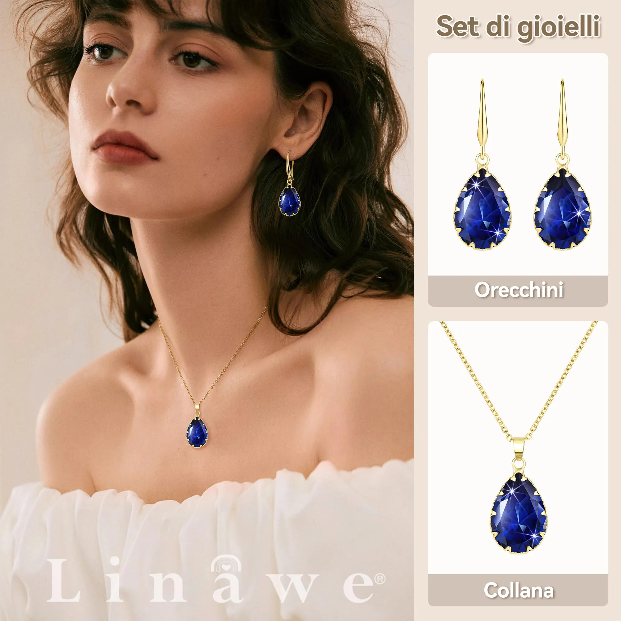 Linawe Set di gioielli in oro con zaffiro, collana e orecchini pendenti - immagine 2