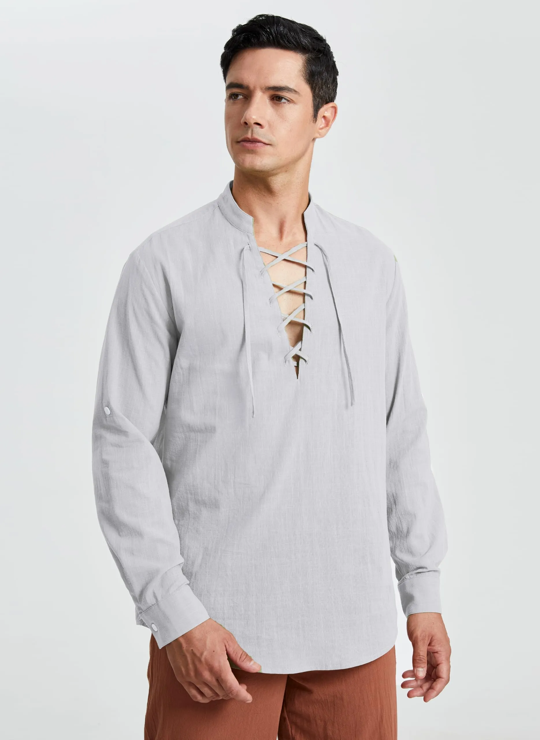 Enlision Camicia in Lino e Cotone da Uomo Medievale con Lacci, Grigio Chiaro, XL - immagine 3
