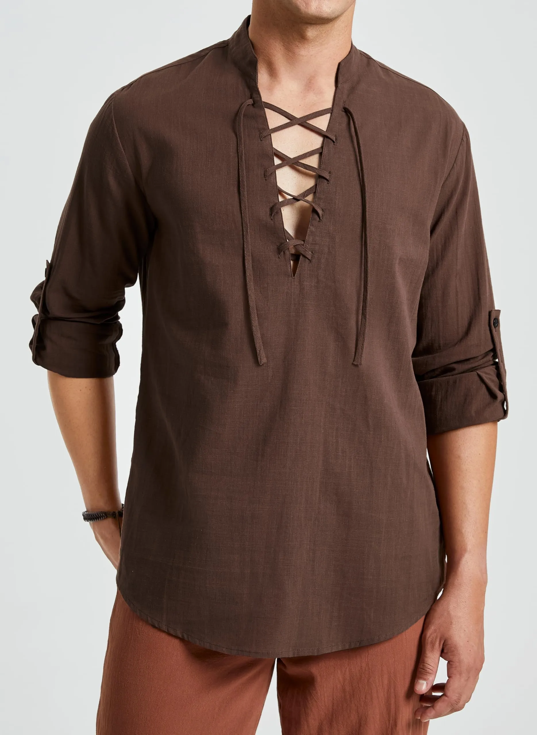 Enlision Camicia in Lino e Cotone da Uomo Vintage Medievale, Marrone, L - immagine 2