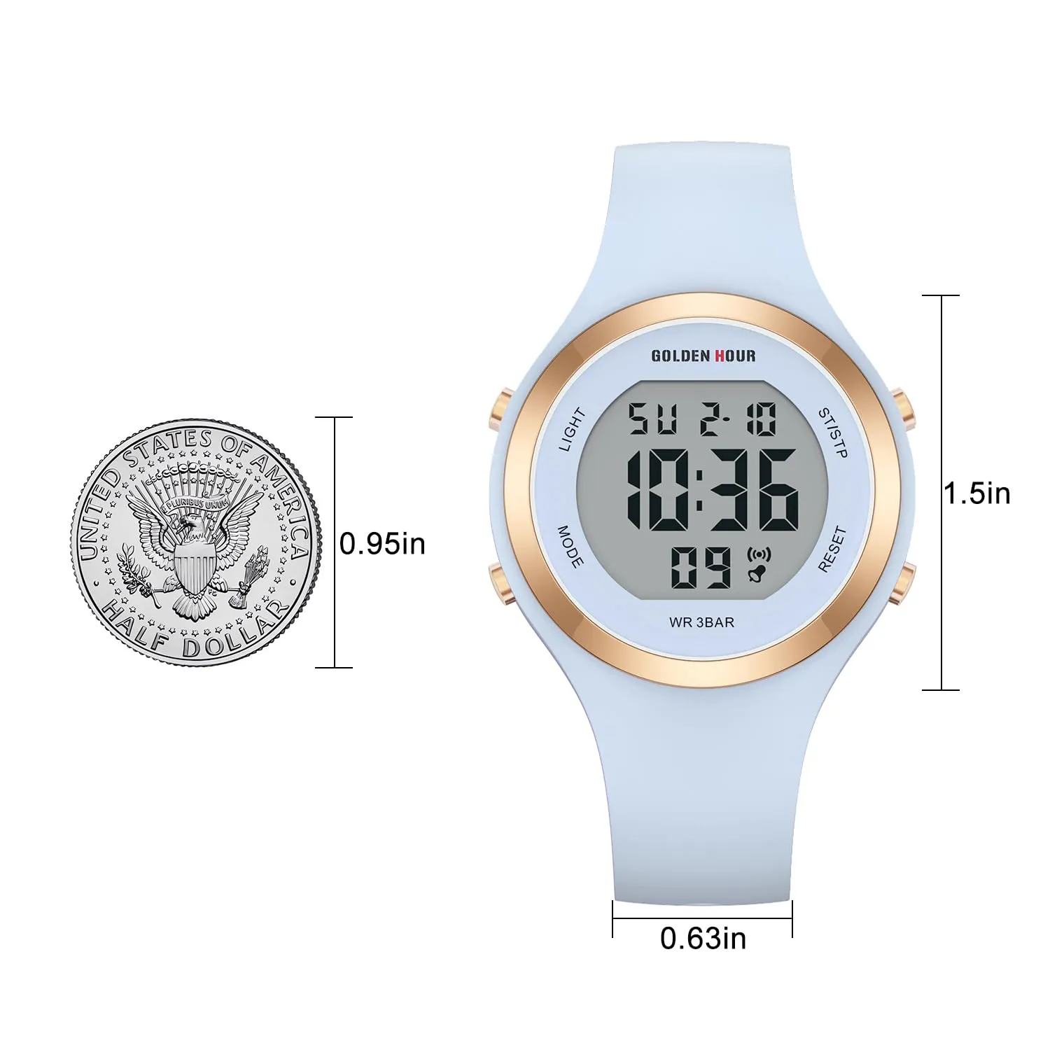 Golden Hour GH-1317 Orologio Digitale Donna Sportivo, Resistente all'Acqua 50M, Cronometro e Sveglia, Cinturino in Silicone - immagine 5
