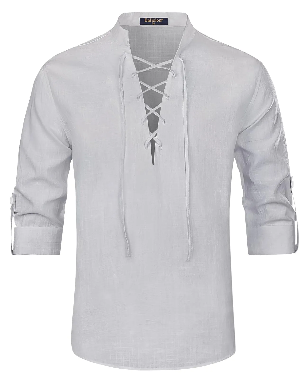 Enlision Camicia Medievale da Uomo in Lino, Stile Vichingo Pirata Rinascimentale, Grigio Chiaro, 3XL - immagine 1
