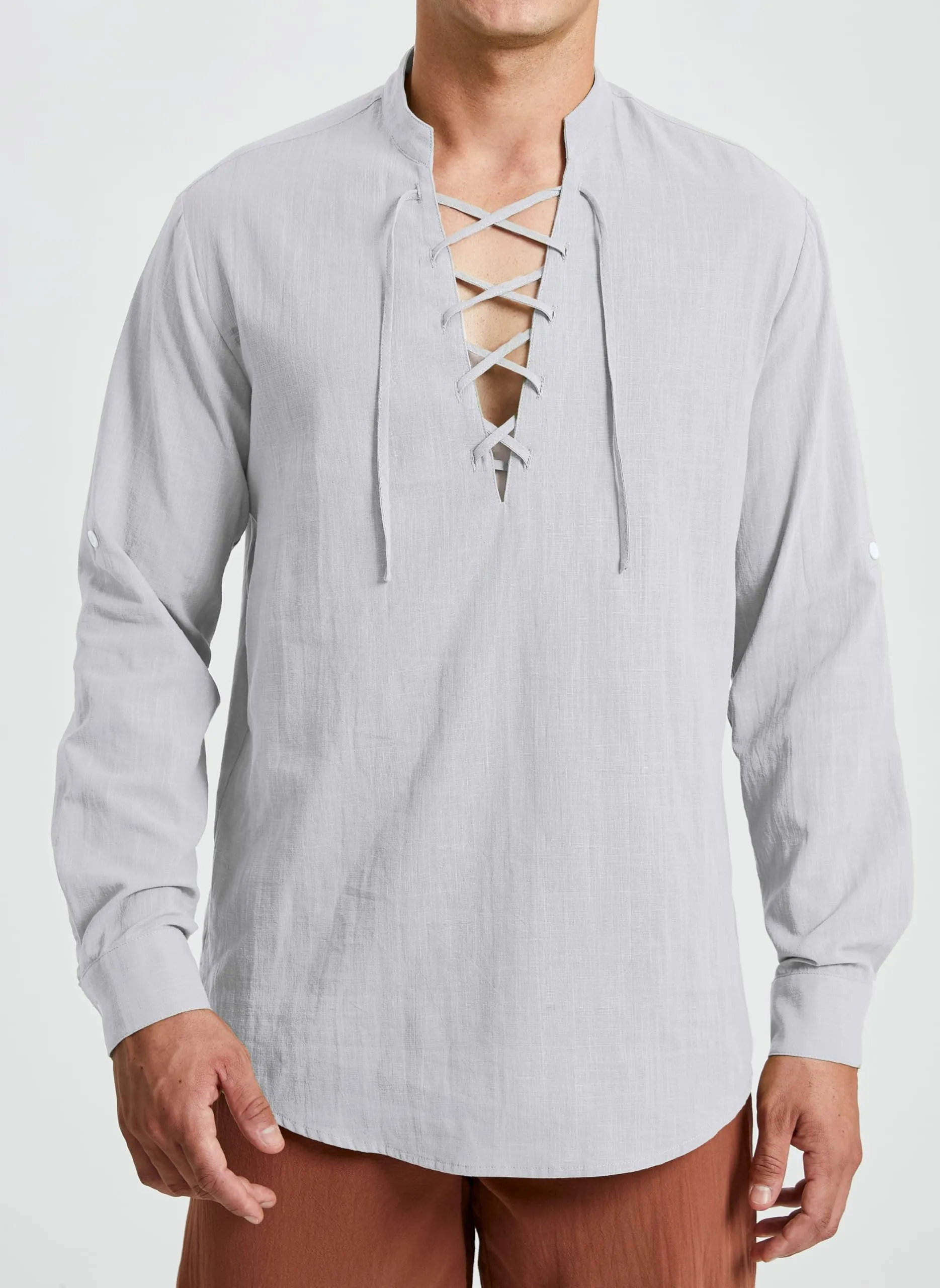 Enlision Camicia in Lino da Uomo con Lacci Casual Grigio Chiaro M - immagine 7