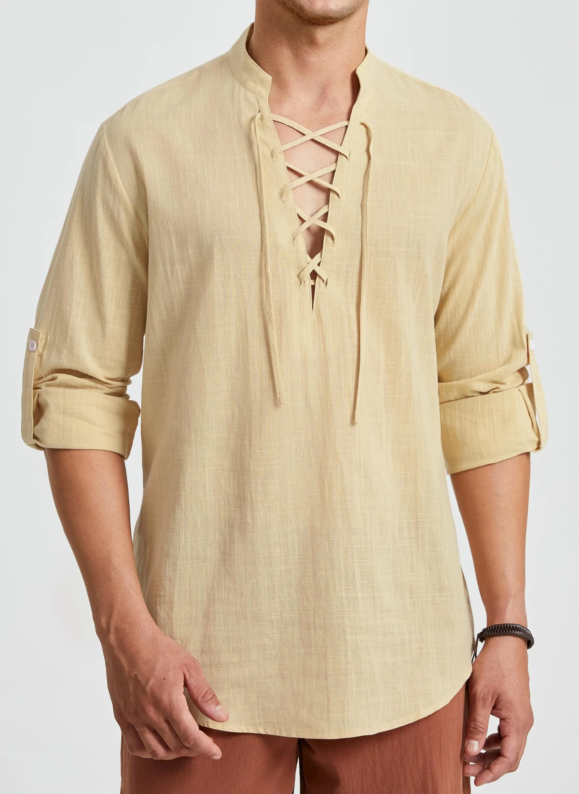 Enlision Camicia in Lino e Cotone da Uomo Vintage Medievale Beige L - immagine 2