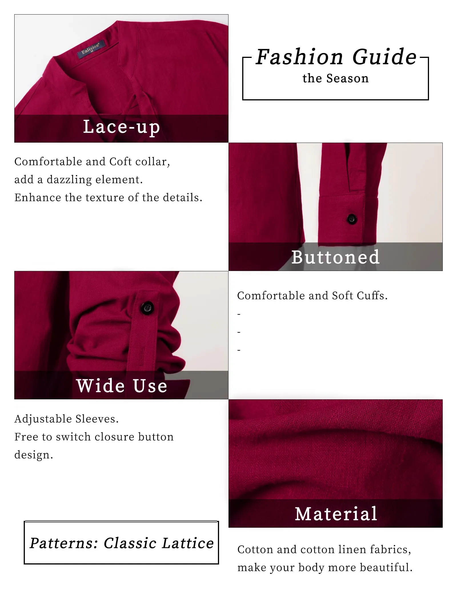 Enlision Camicia Medievale in Lino e Cotone con Lacci, Borgogna, XL - immagine 4
