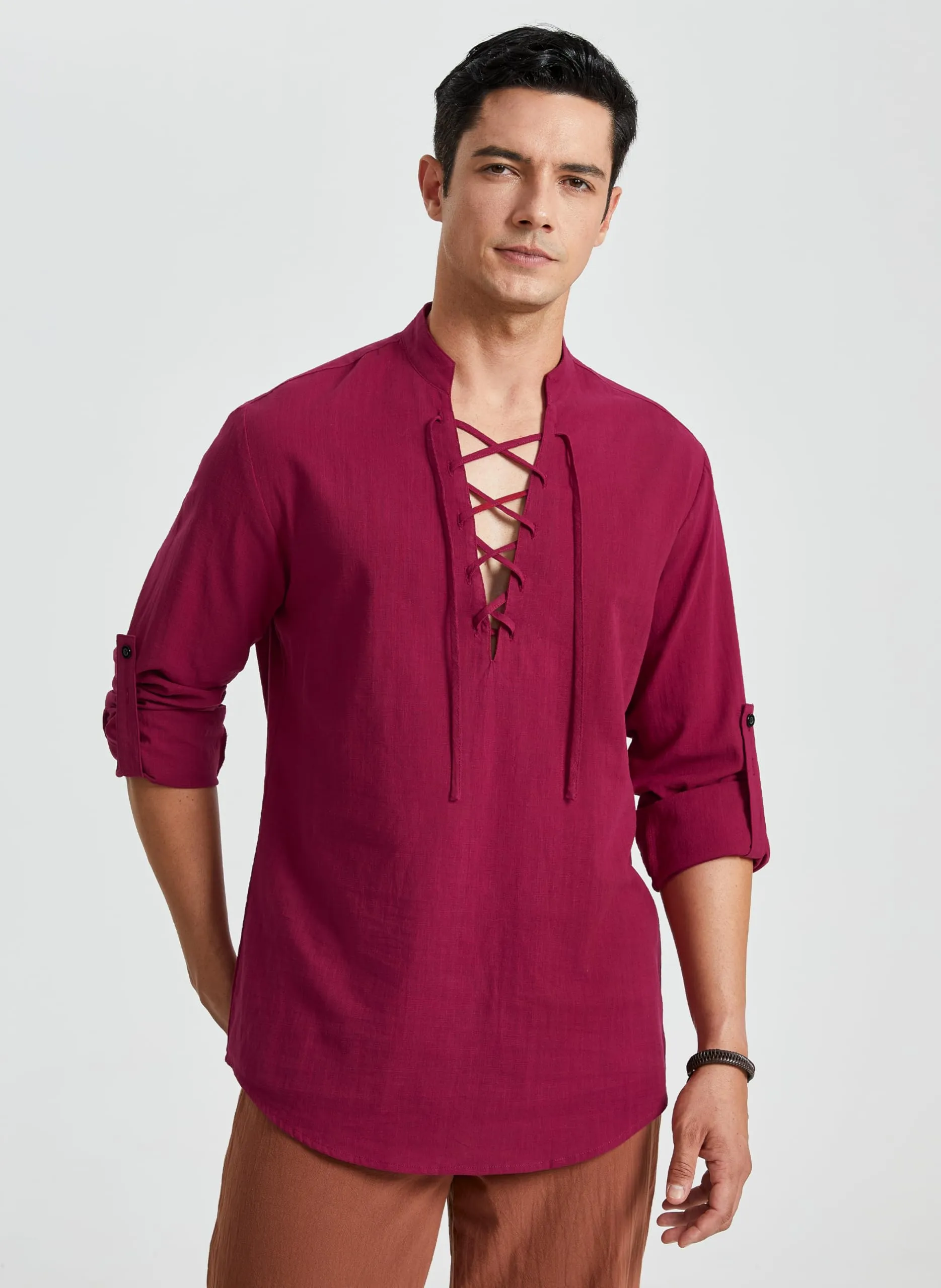 Enlision Camicia Medievale in Lino e Cotone con Lacci, Borgogna, XL - immagine 5