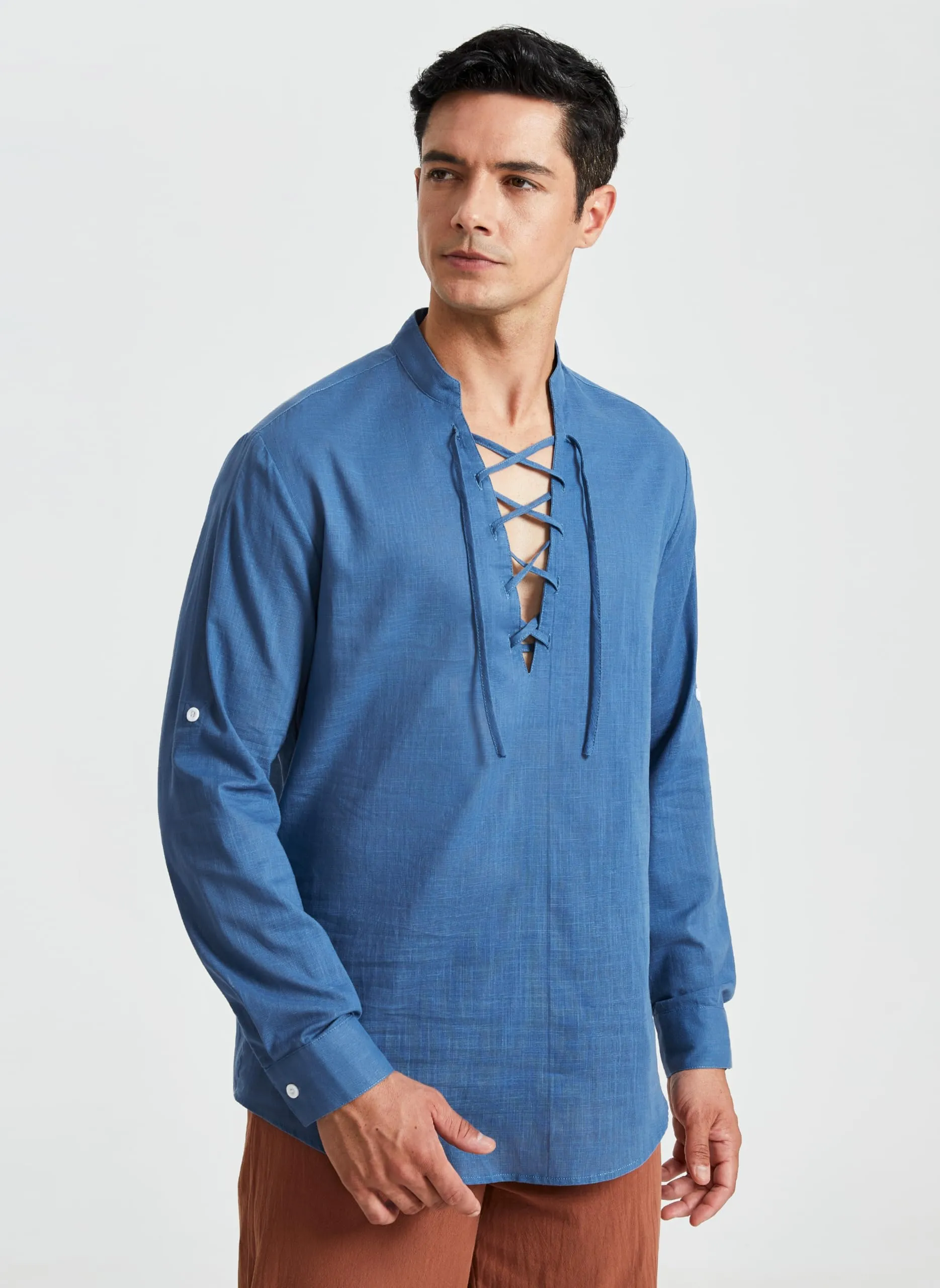Enlision Camicia in Lino e Cotone da Uomo Medievale con Lacci, Blu, XL - immagine 3