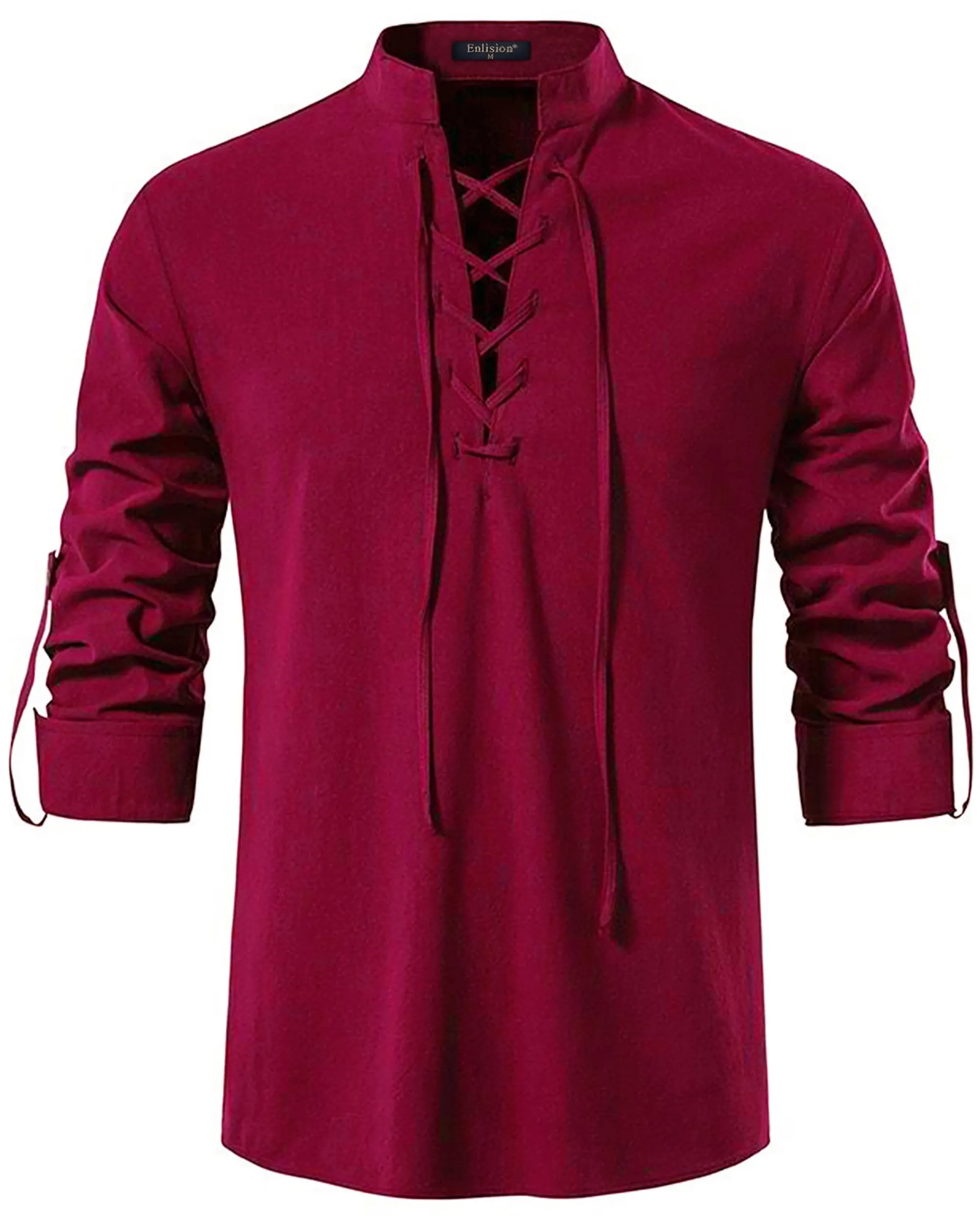 Enlision Camicia Medievale da Uomo in Lino e Cotone, Stile Vichingo Pirata Rinascimentale, Borgogna, 3XL - immagine 1