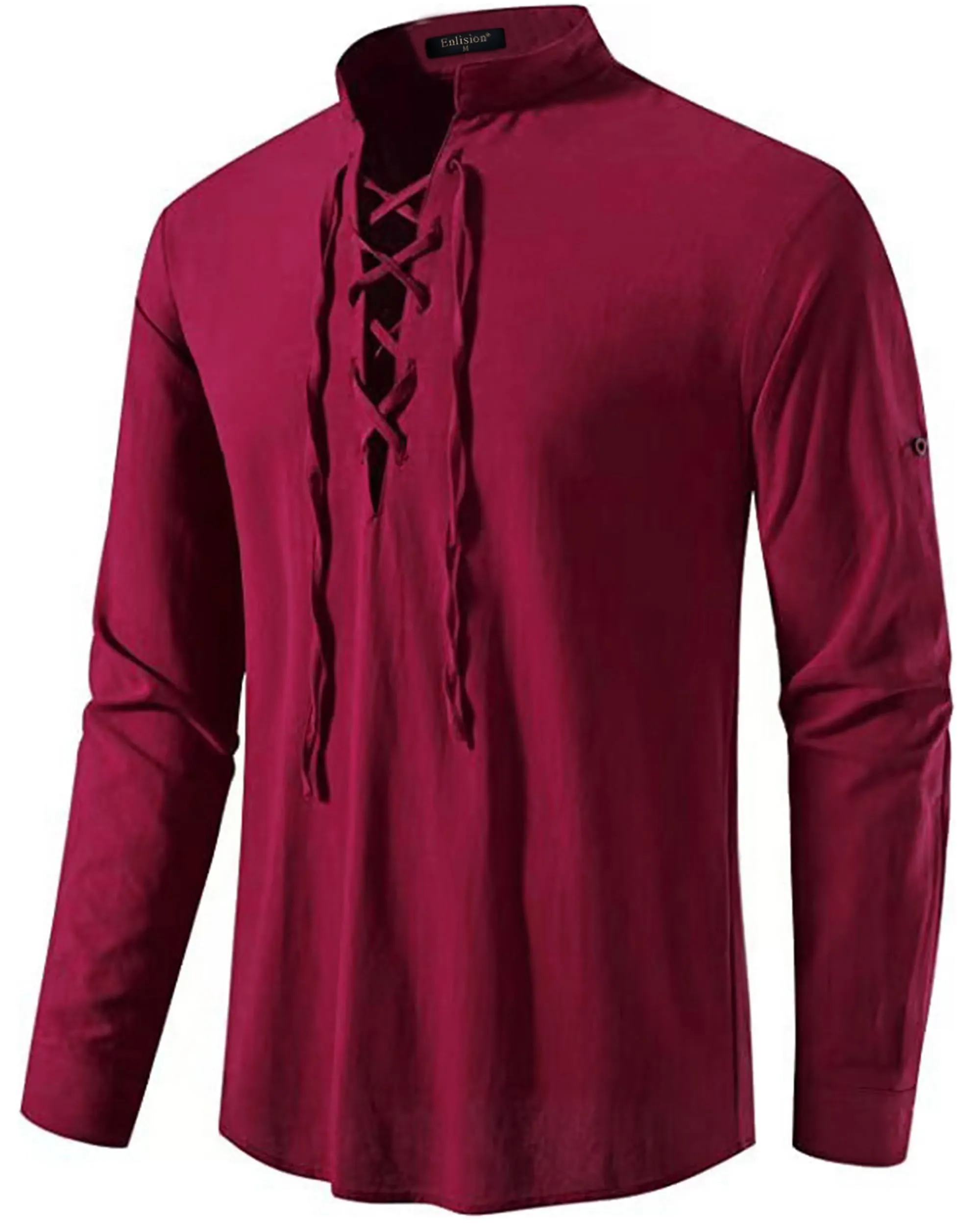 Enlision Camicia Medievale da Uomo in Lino e Cotone, Stile Vichingo Pirata Rinascimentale, Borgogna, 3XL - immagine 7