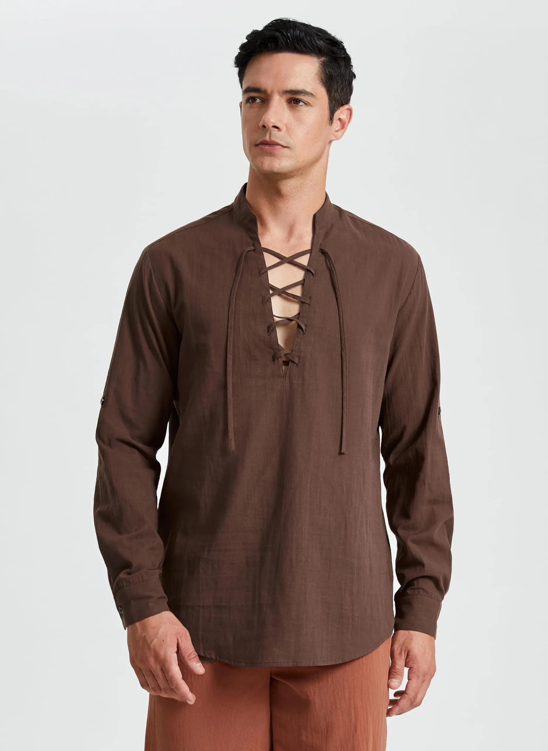 Enlision Camicia in Lino e Cotone da Uomo con Lacci, Stile Medievale Vintage, Marrone, S - immagine 3