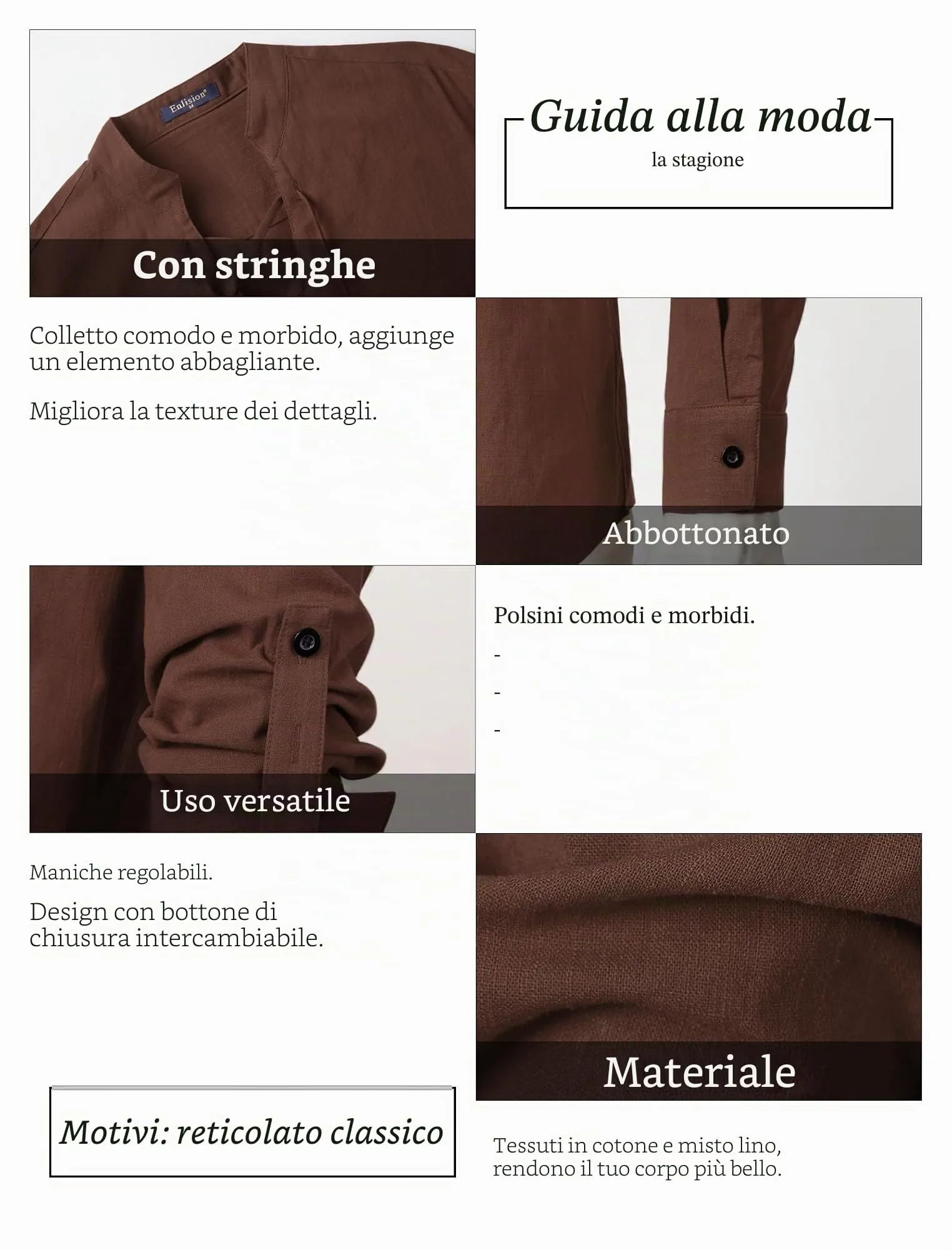 Enlision Camicia in Lino e Cotone da Uomo con Lacci, Stile Medievale Vintage, Marrone, S - immagine 5