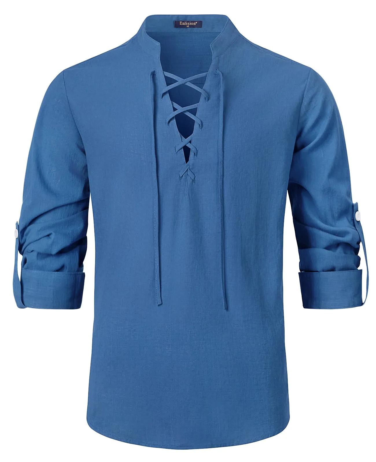 Enlision Camicia in Lino da Uomo con Lacci Blu M - immagine 1