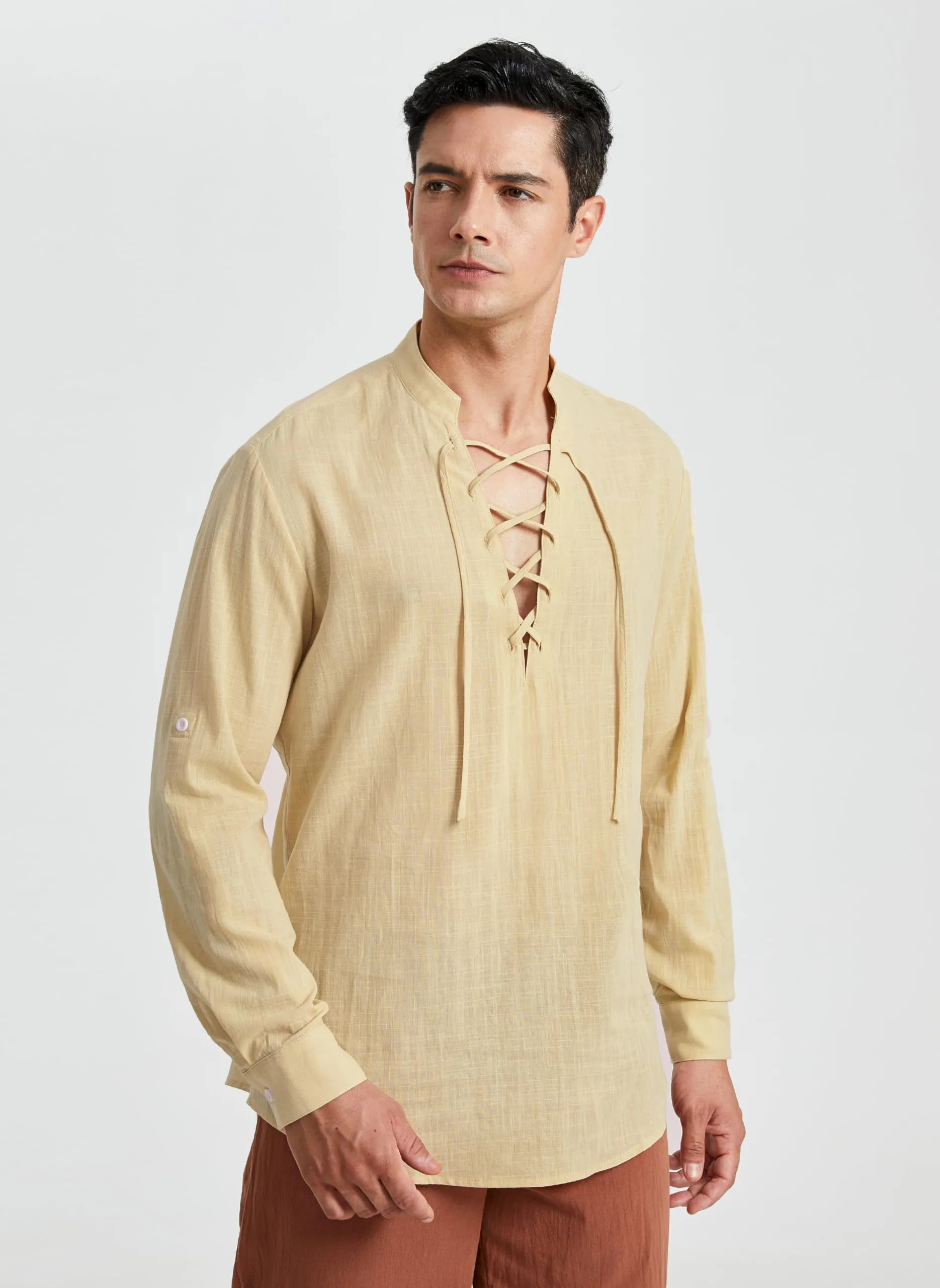 Enlision Camicia Medievale da Uomo in Lino, Stile Vichingo Pirata Rinascimentale, Beige, 3XL - immagine 3