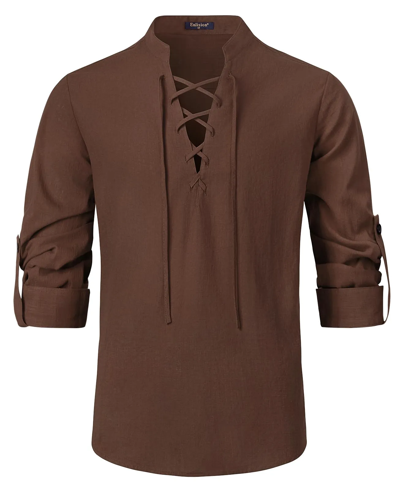 Enlision Camicia in Lino e Cotone da Uomo Medievale con Lacci, Marrone, XL - immagine 1