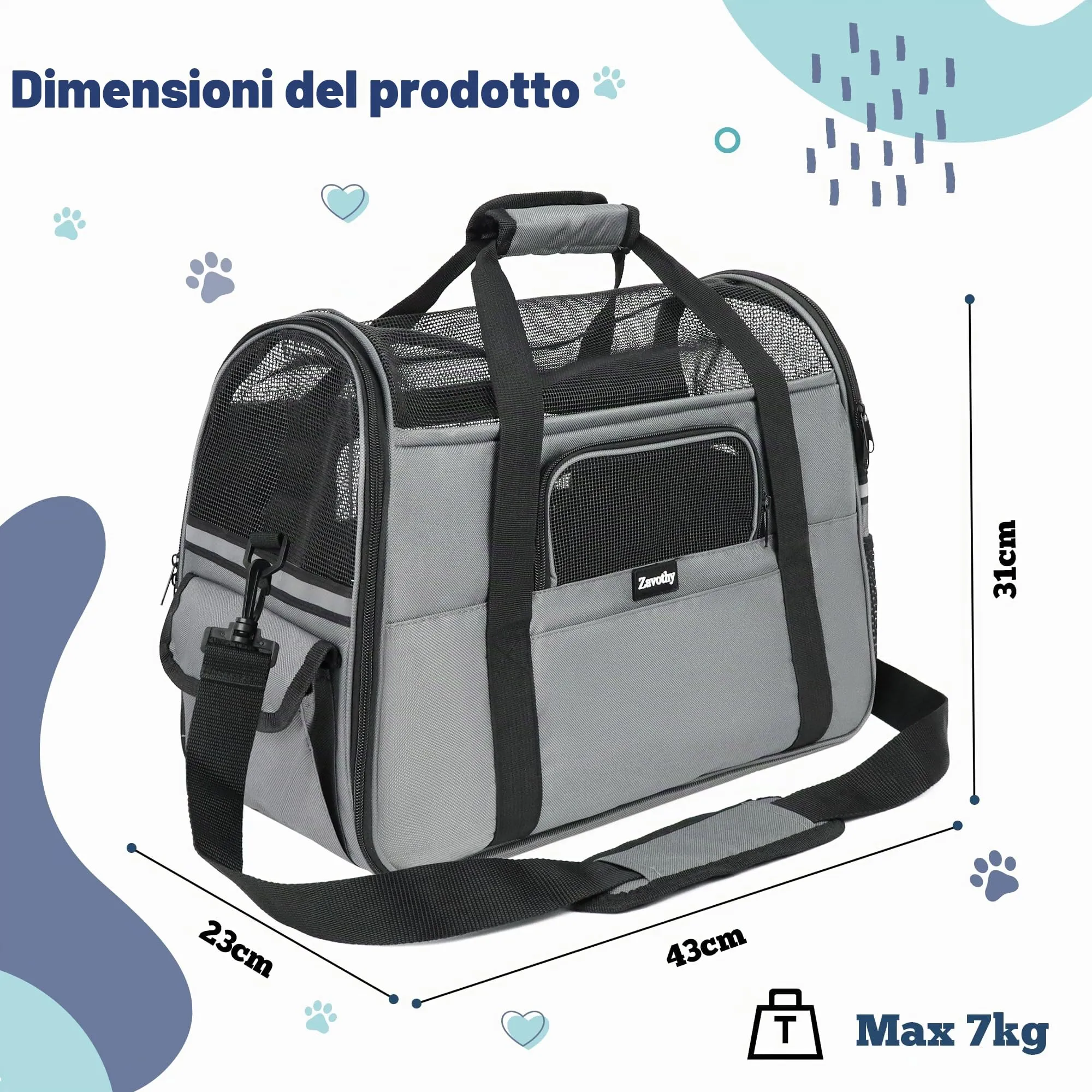 Zavothy Borsa per il Trasporto per Gatti e Cani, Traspirante e Pieghevole con Tracolla Regolabile e Materasso Rimovibile, M, Grigio - immagine 3